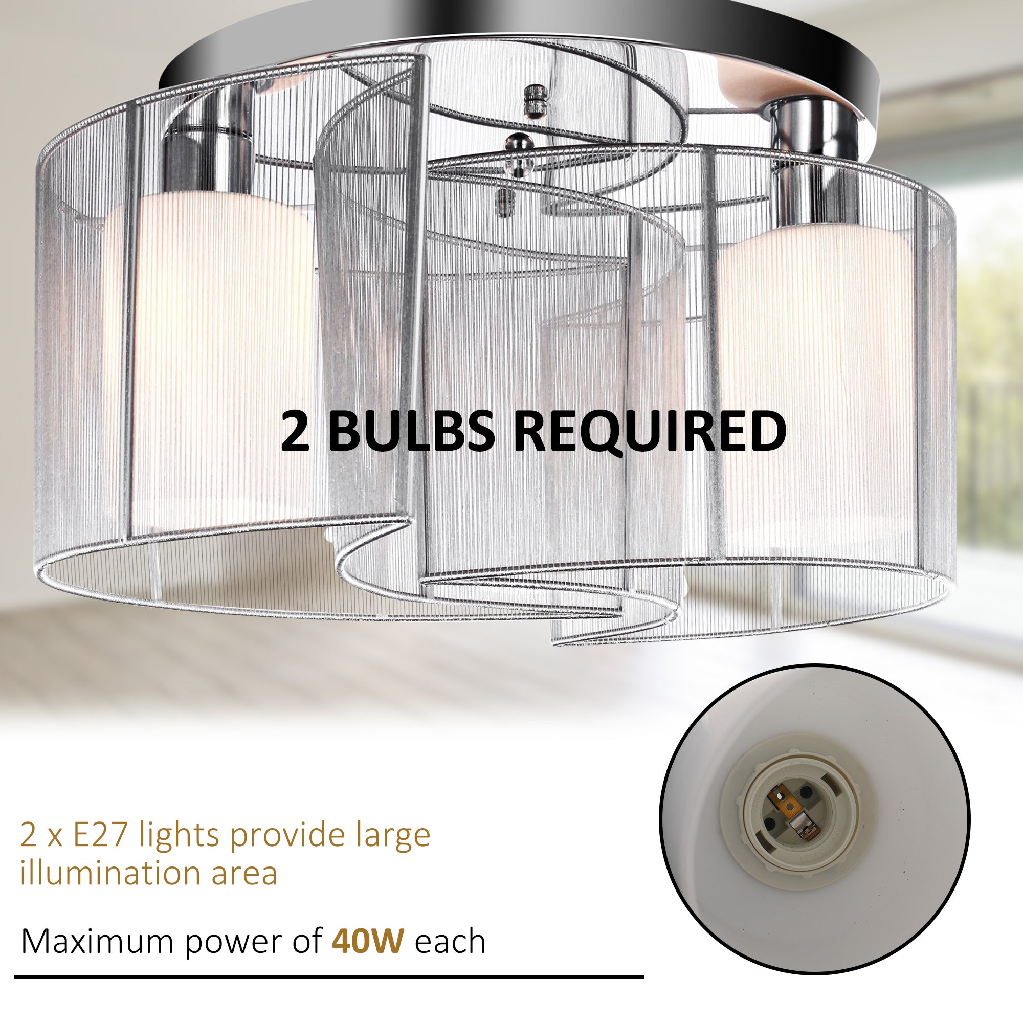 HOMCOM Modern Chandelier, Semi-Flush Mount Ceiling Light with 2 Light, E27 Bulb Base for Hallway, Dining Room, Living Room, White and Silver - North Peak Garden Furniture