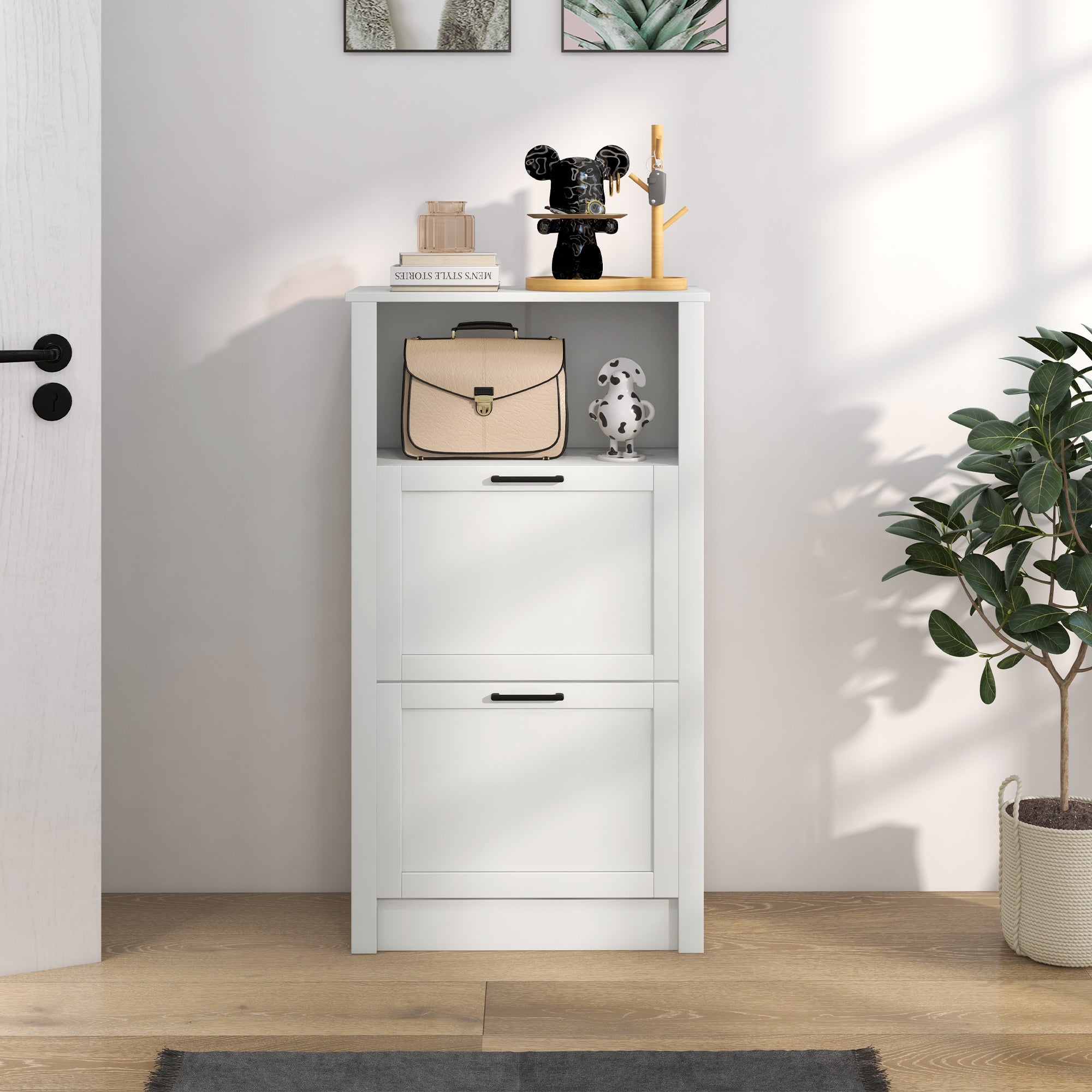 HOMCOM Modern Shoe Cabinet with 2 Flip Drawers and Adjustable Shelves, Narrow Shoe Storage Cabinet with Open Compartment, Holds 10 Pairs for Entryway, Hallway, White - North Peak Garden Furniture