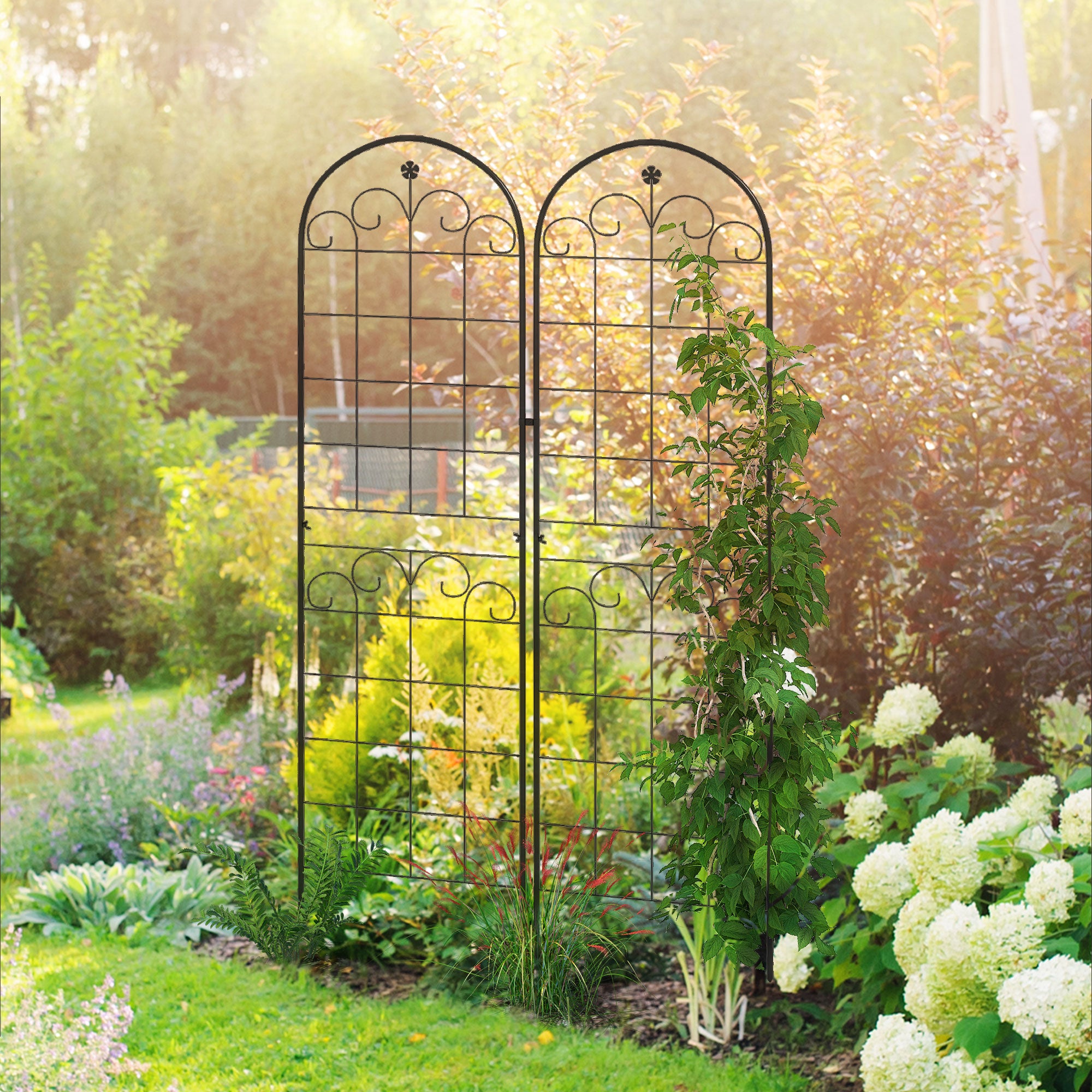 Outsunny Metal Trellis Set of 2, Garden Trellis for Climbing Plants Support Frames, Floral Design - North Peak Garden Furniture