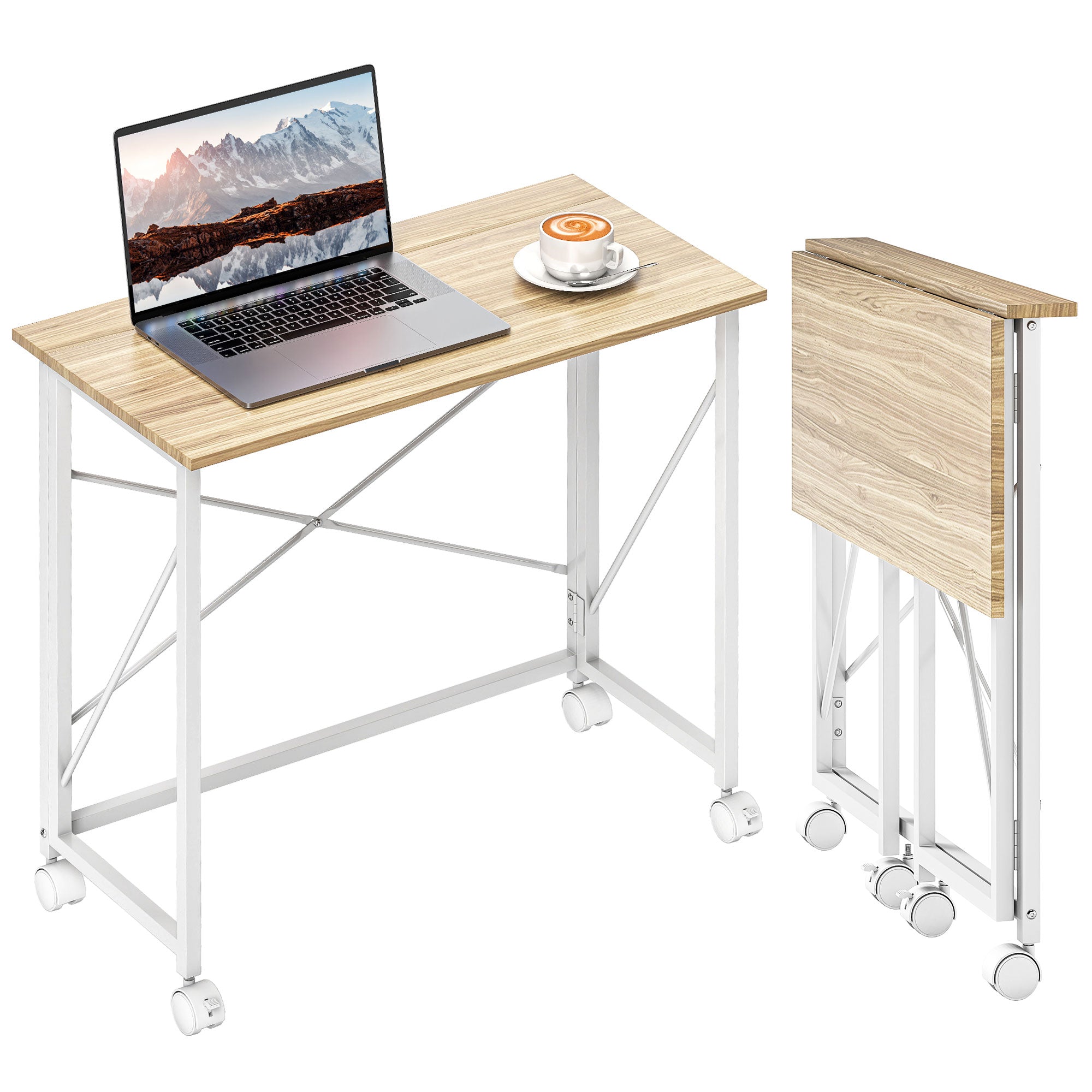 HOMCOM 80 cm Folding Desk on Wheels - Natural Tone