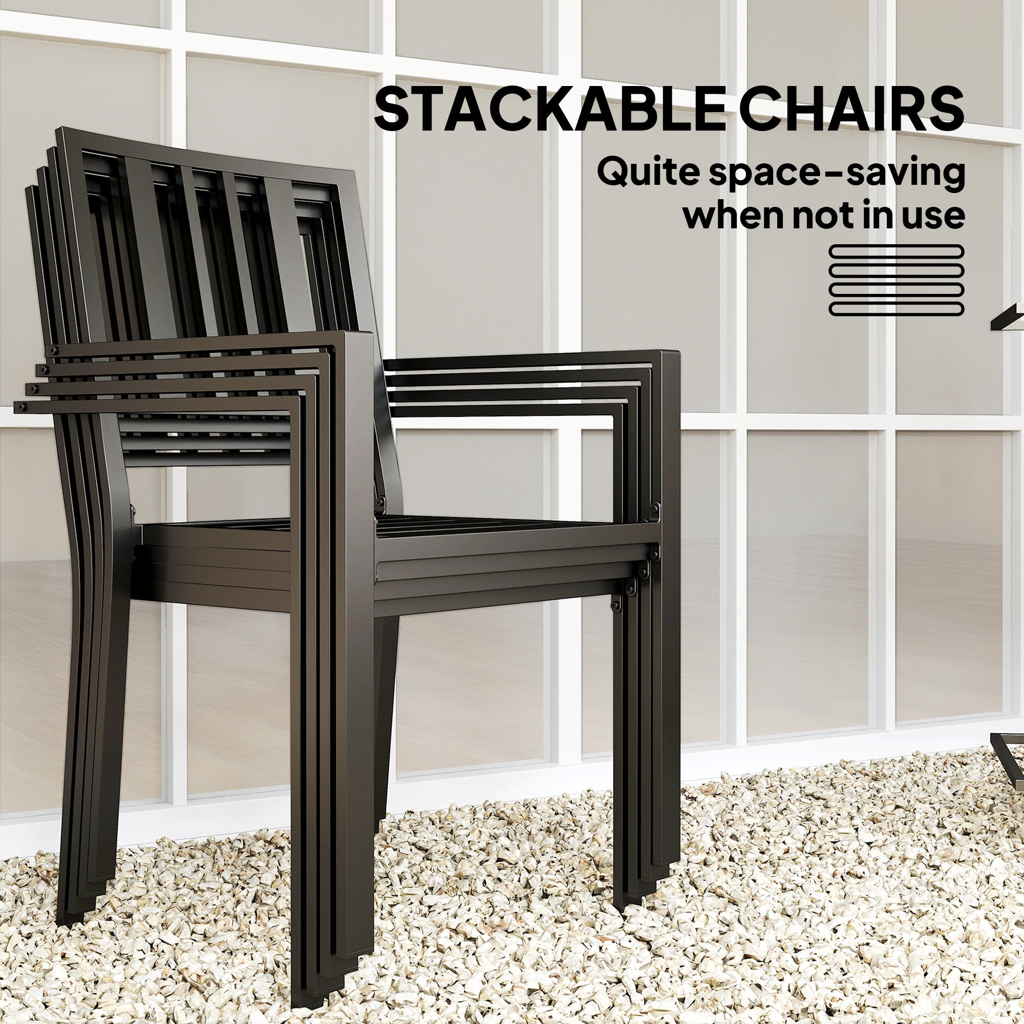 Outsunny 5 Pieces Garden Dining Set with Cushions, Outdoor Patio Table and 4 Stackable Chairs, Metal Top Table with Umbrella Hole, Black - North Peak Garden Furniture