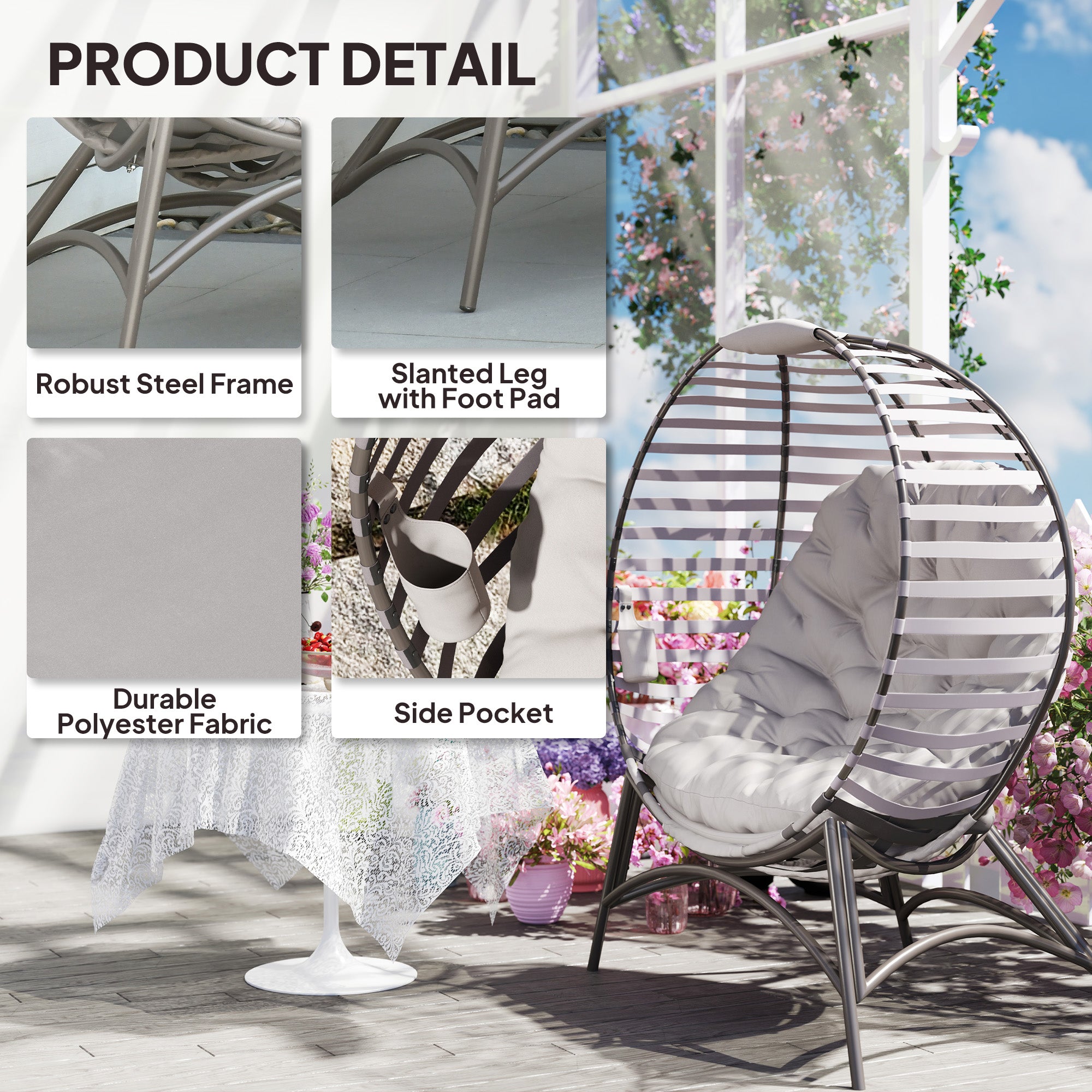 Outsunny Egg Chair with Cushion & Side Pocket - Light Grey - North Peak Garden Furniture