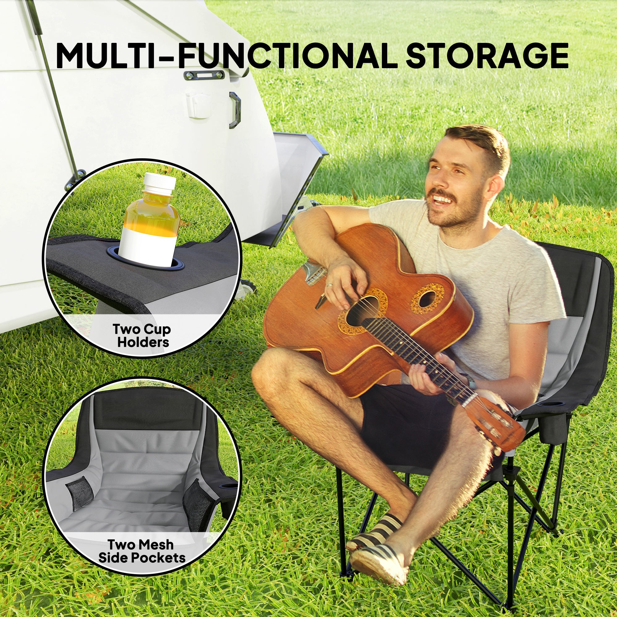 Outsunny Portable Padded Camping Chair, with Bag - Black/Grey - North Peak Garden Furniture