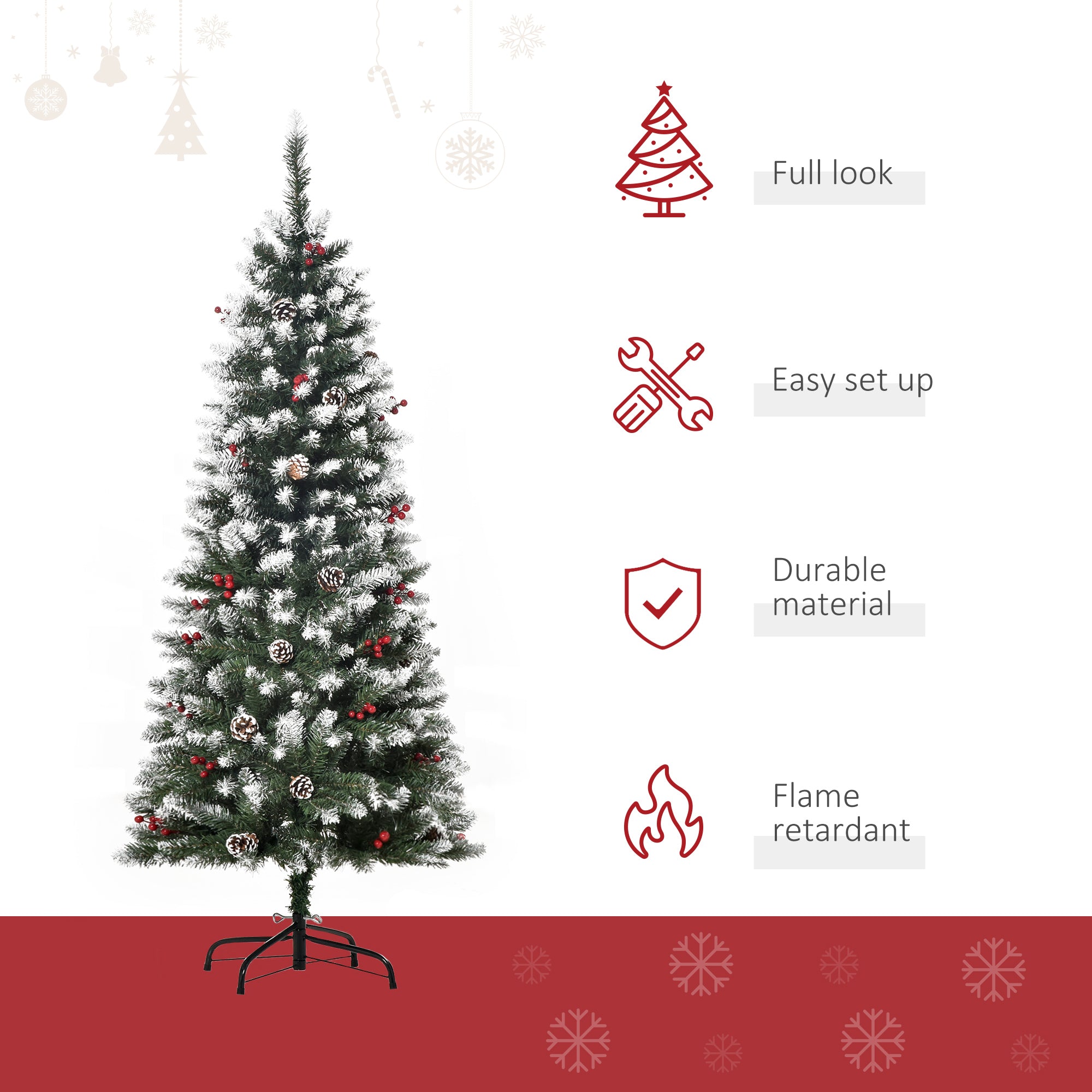 HOMCOM 5FT Artificial Christmas Tree Xmas Pencil Tree with Red Berries and Pinecones Holiday Home Indoor Decoration with Foldable Feet, Green - North Peak Garden Furniture
