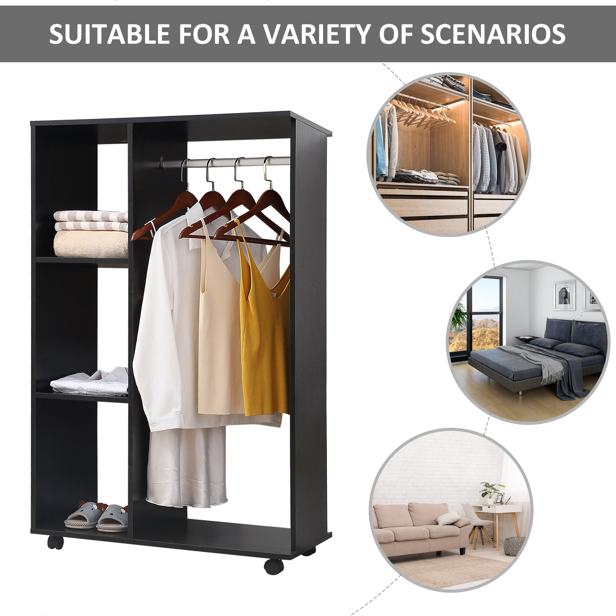 HOMCOM Open Wardrobe on Wheels with Clothes Rail, Bedroom Clothes Storage with Hanging Rod, 3 Storage Shelves, Mobile Garment Rack for Cloakroom, Hallway, Black - North Peak Garden Furniture