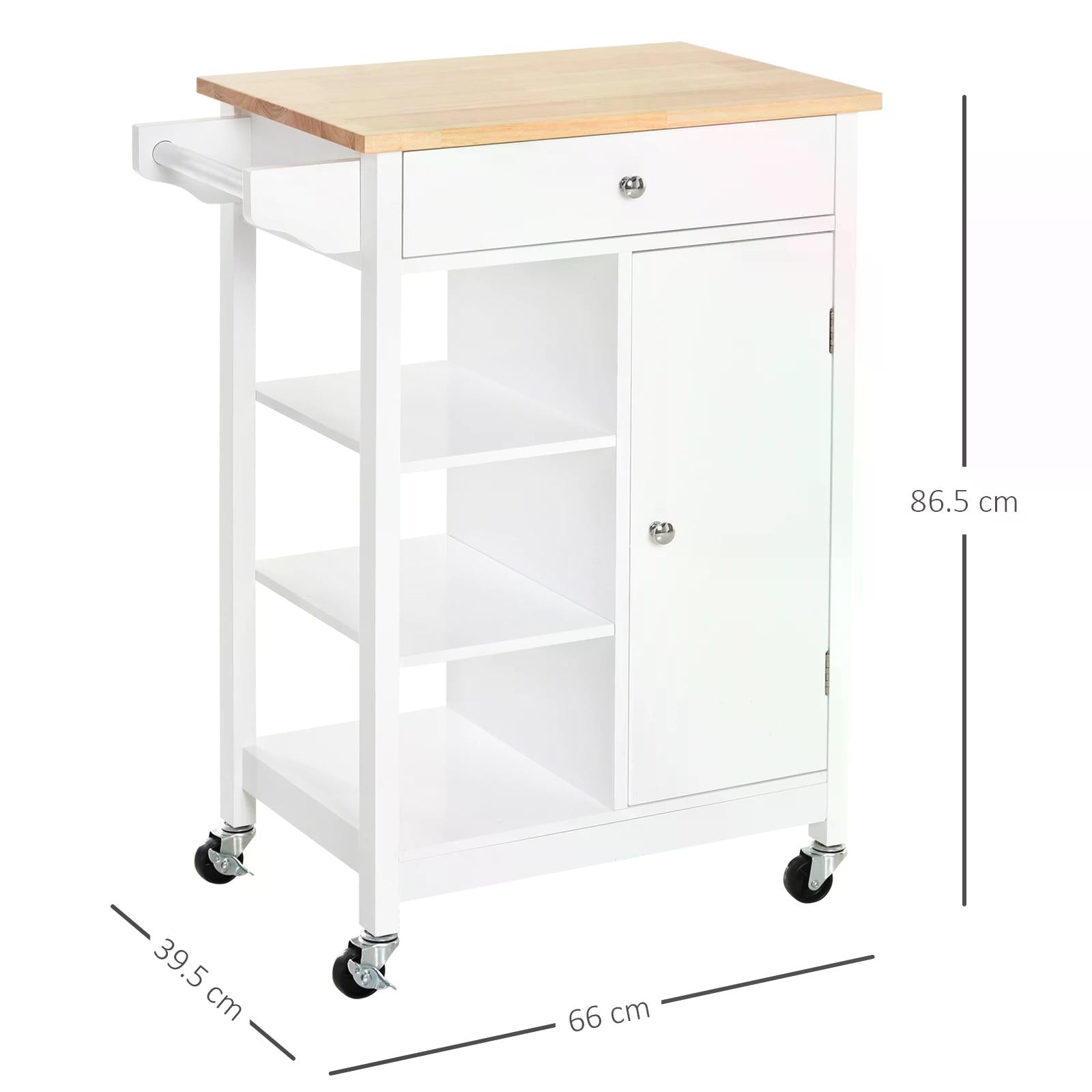 HOMCOM Kitchen Trolley, Kitchen Island on Wheels, w/ Wood Top, 3 Shelves and Storage Cupboard, White