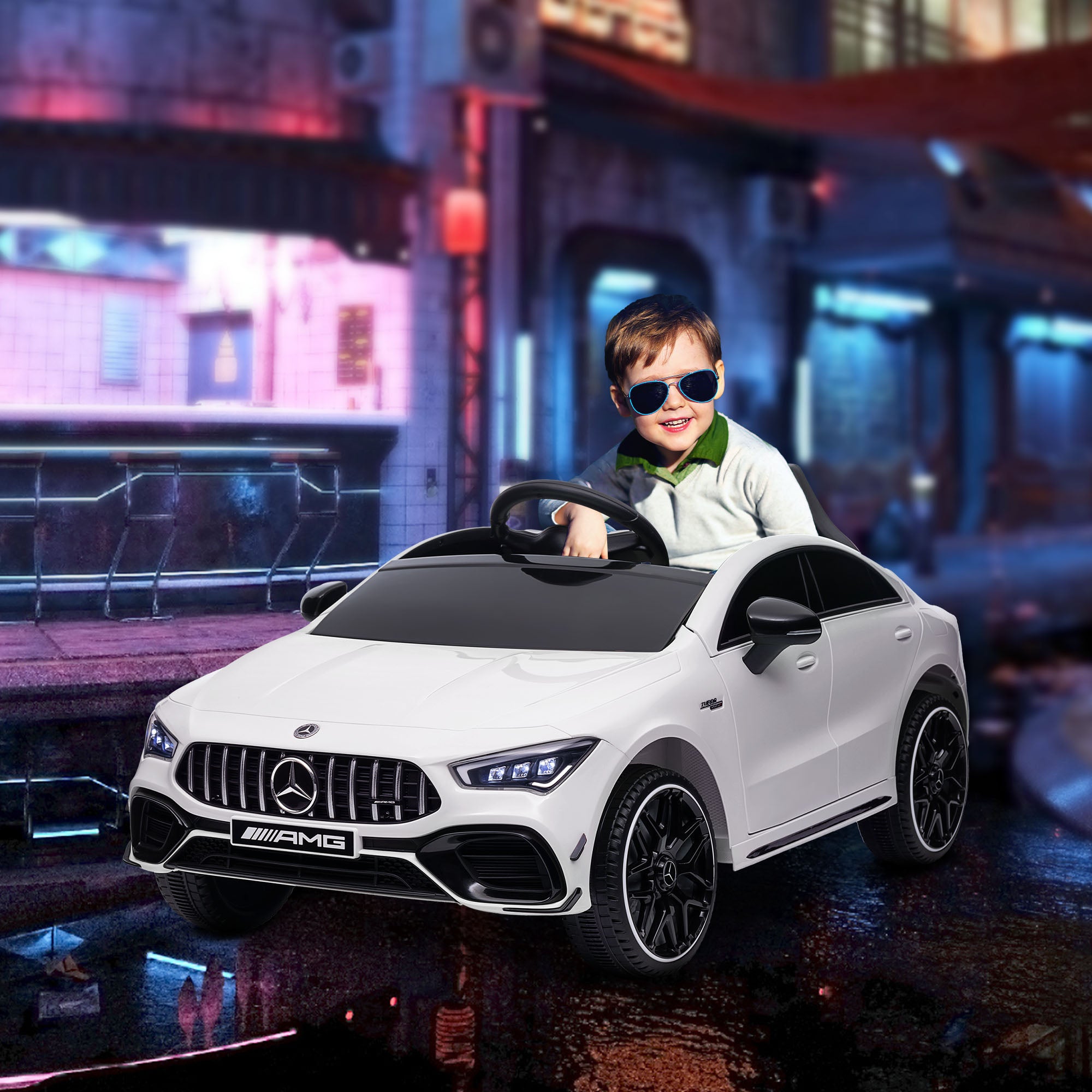 AIYAPLAY Mercedes-AMG CLA 45 Licensed 12V Kids Electric Car Ride on Car w/ Remote, Suspension Lights Music Horn - White - North Peak Garden Furniture