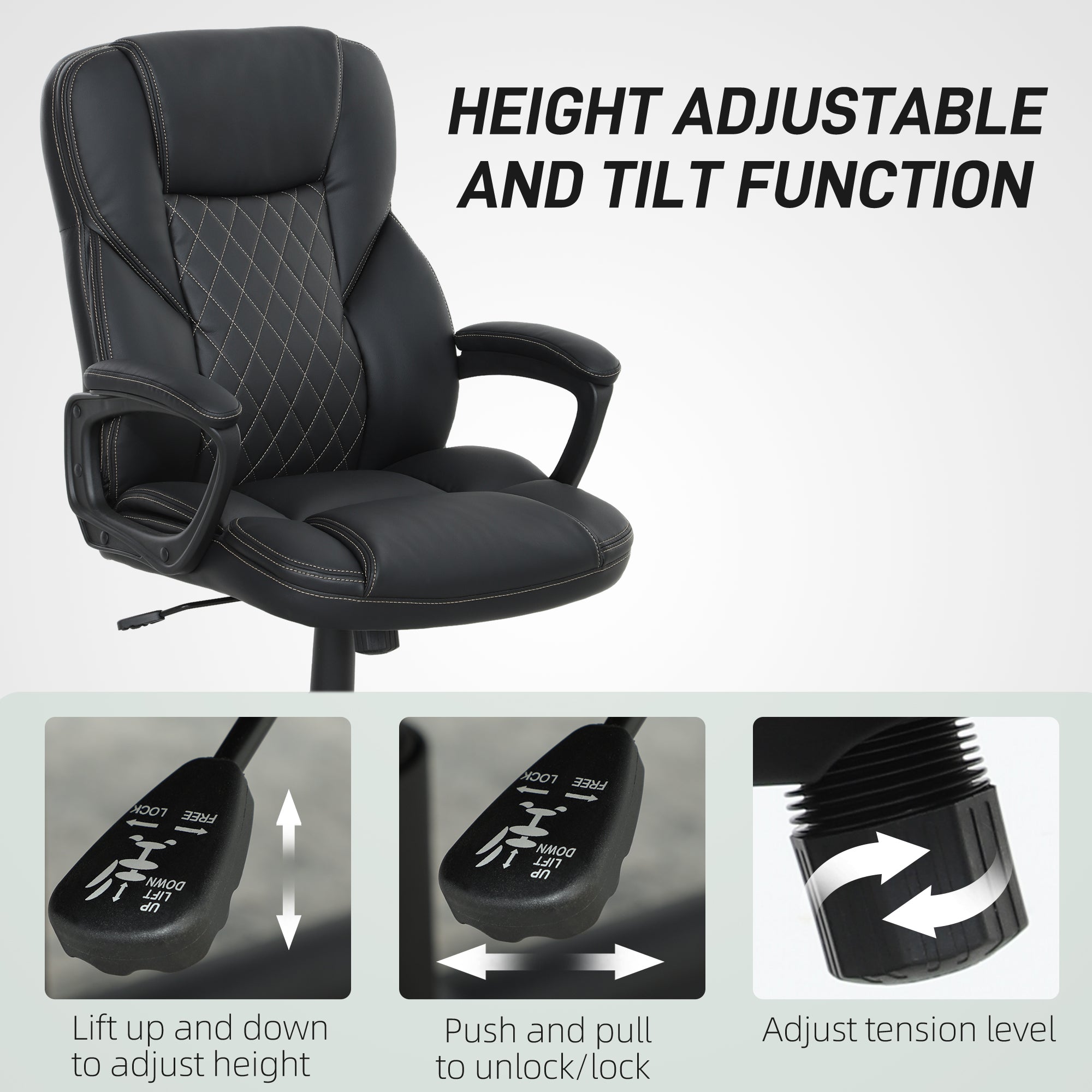 HOMCOM Executive Office Chair, High Back Desk Chair, PU Leather Swivel Computer Chair with Tilt Function, Adjustable Height and Armrests for Home Office, Black - North Peak Garden Furniture