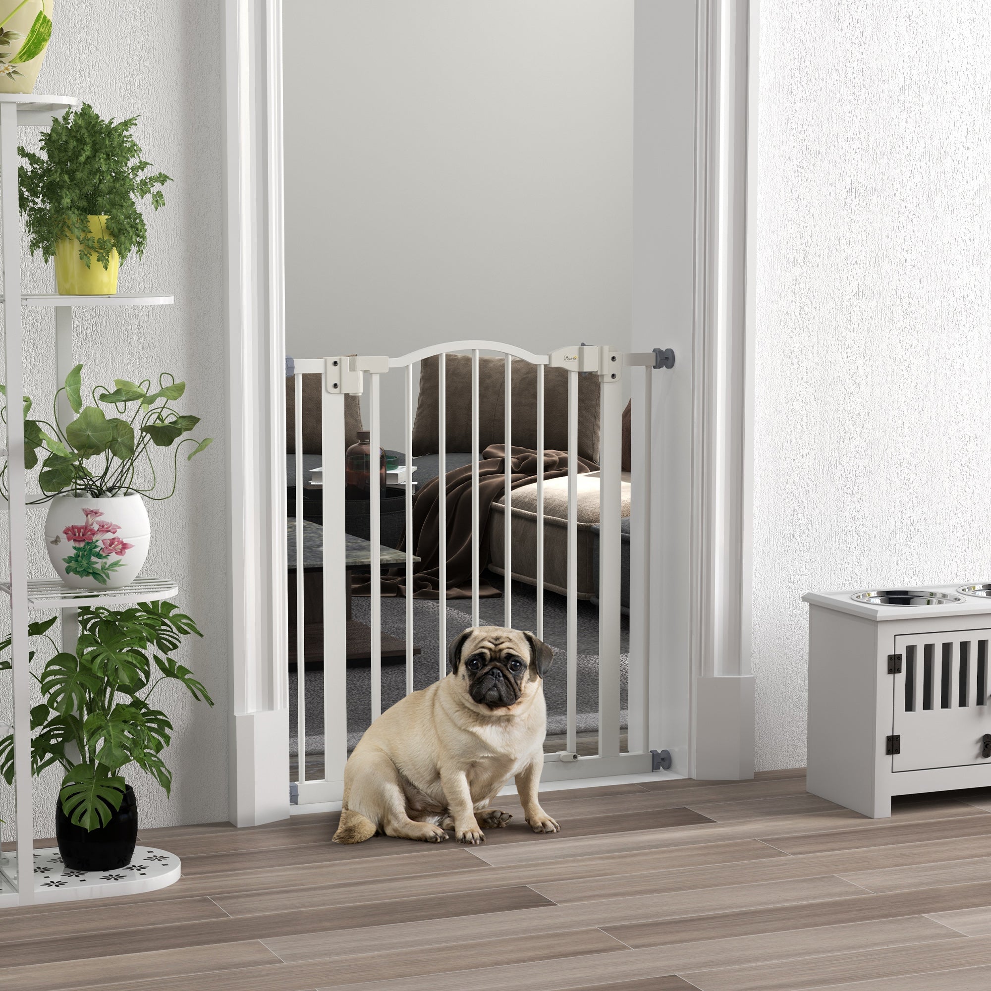 PawHut Metal 74-80cm Adjustable Pet Gate Safety Barrier w/ Auto-Close Door White - North Peak Garden Furniture