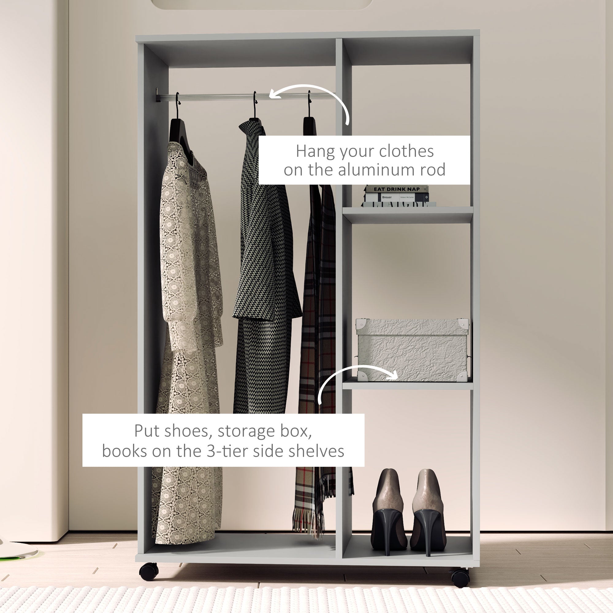 HOMCOM Open Wardrobe on Wheels with Clothes Rail, Bedroom Clothes Storage with Hanging Rod, 3 Storage Shelves, Mobile Garment Rack for Cloakroom, Hallway, Grey