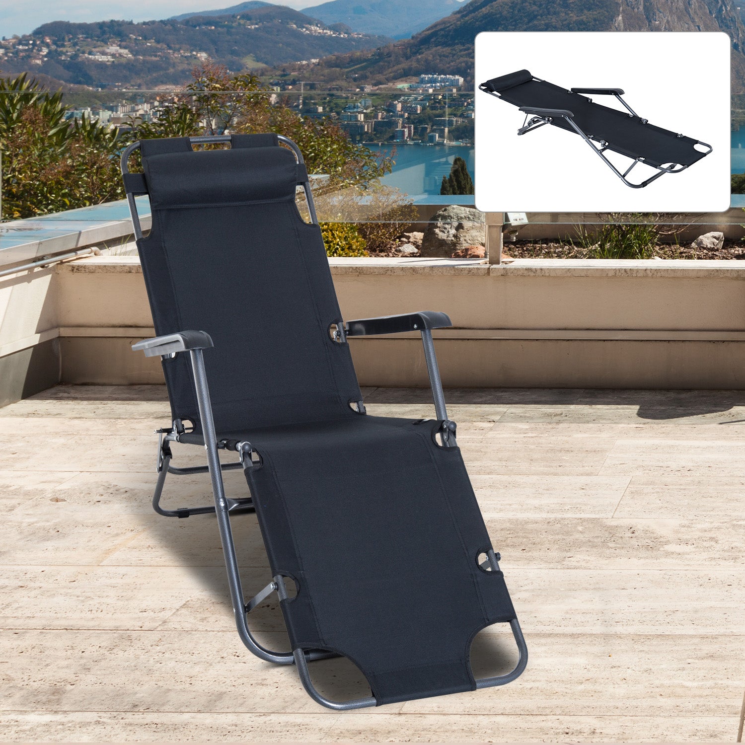 Outsunny Folding Reclining Sun Lounger, 2 in 1 Garden Chair with Adjustable Back & Pillow, Black