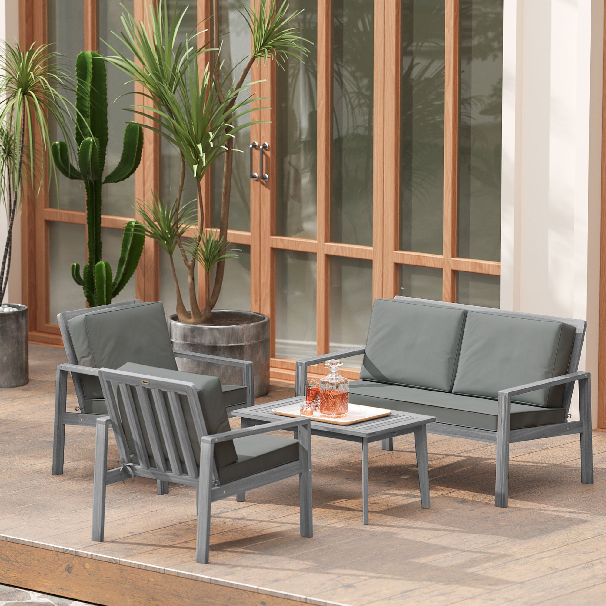 Outsunny 4-Piece Wooden Garden Furniture Set with Cushions - Light Grey - North Peak Garden Furniture