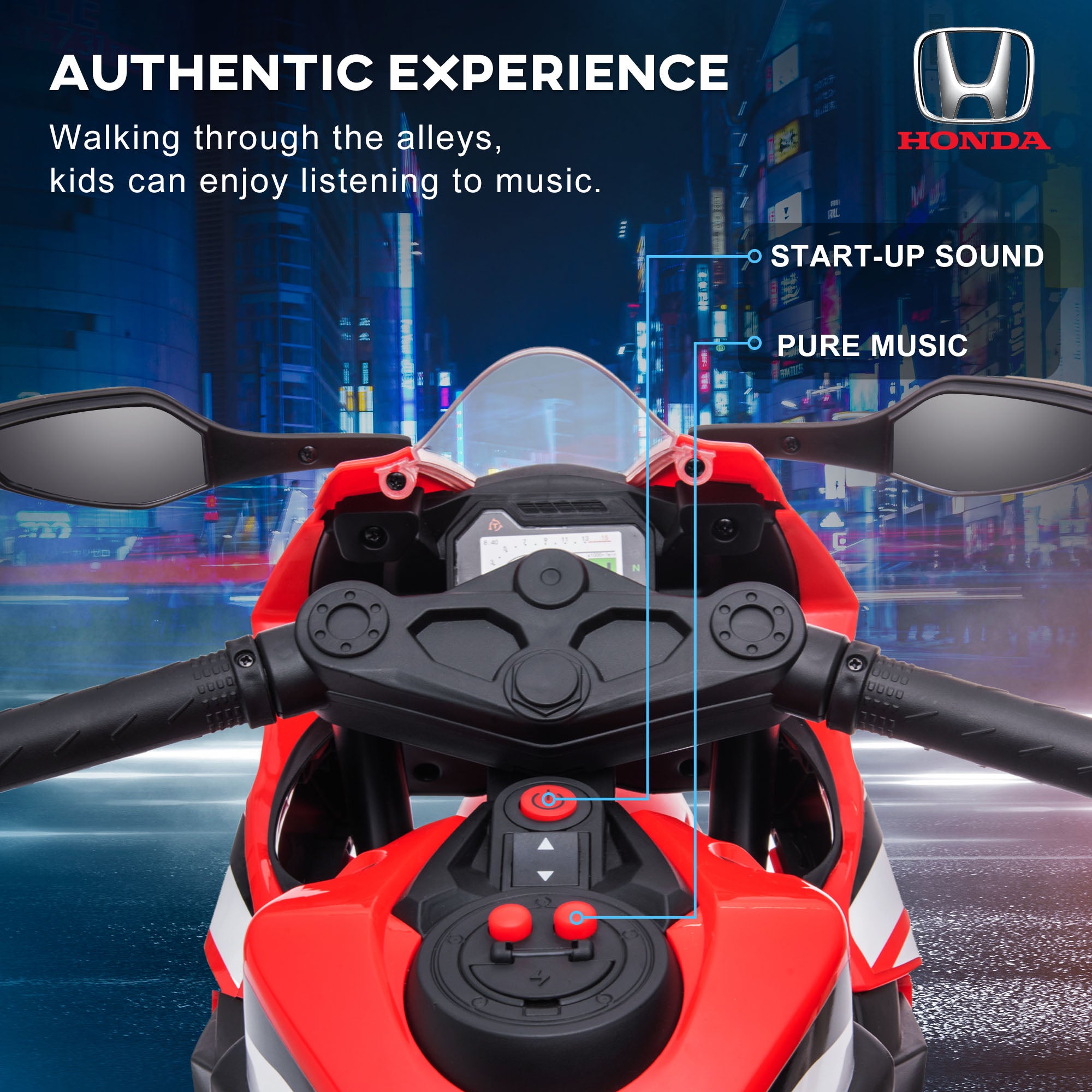HOMCOM 6V Honda Licensed Kids Motorcycle w/ Music, Training Wheels - Red - North Peak Garden Furniture