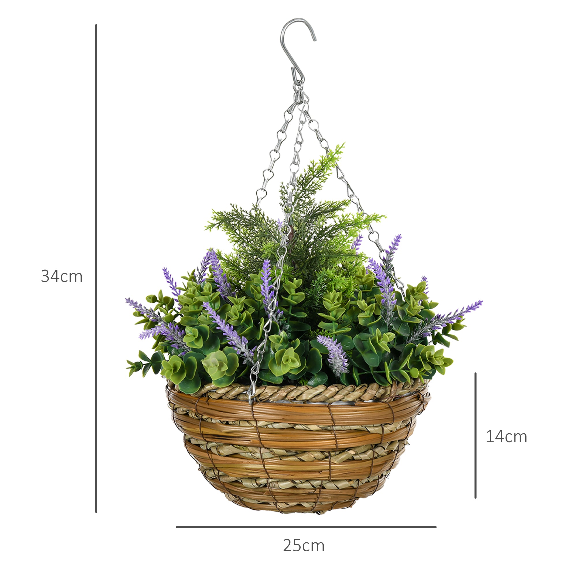 Outsunny 2 PCs Artificial Lisianthus Flower Hanging Planter with Basket for Indoor Outdoor Decoration, Purple