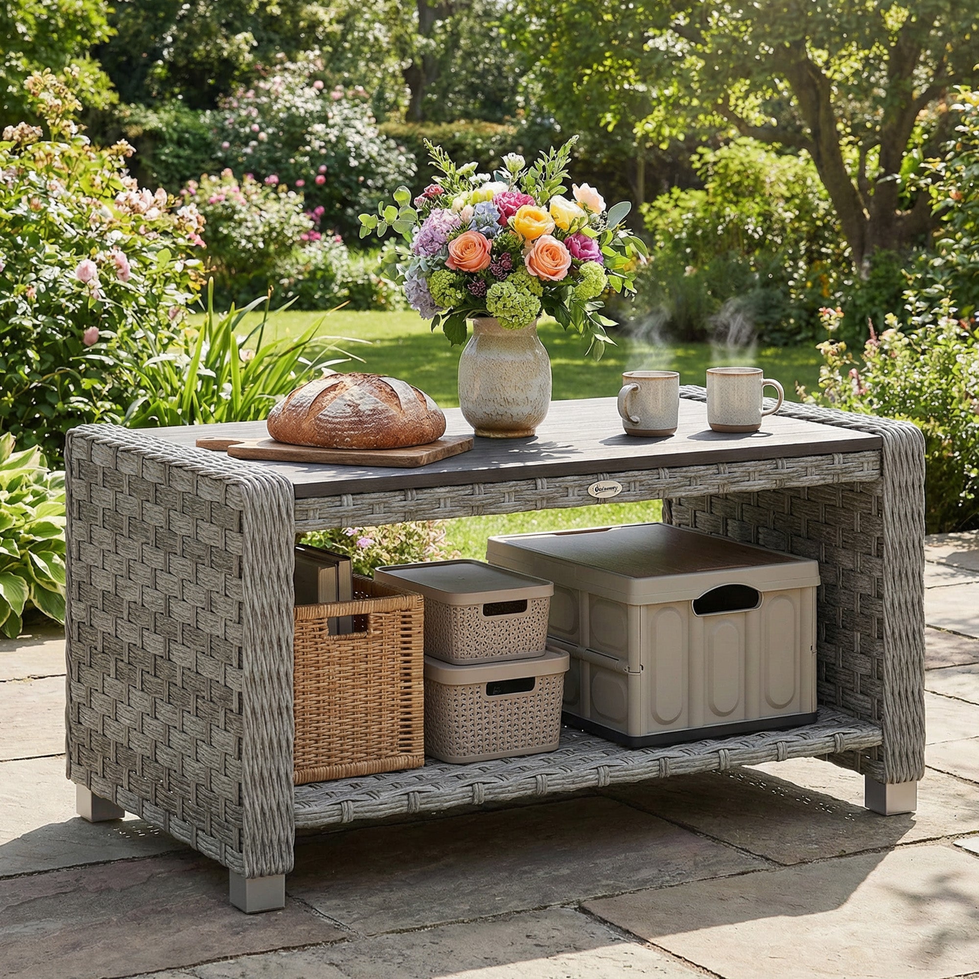 Outsunny Outdoor Side Table with 2-tier Storage Rattan End Table for Patio 90 cm Grey