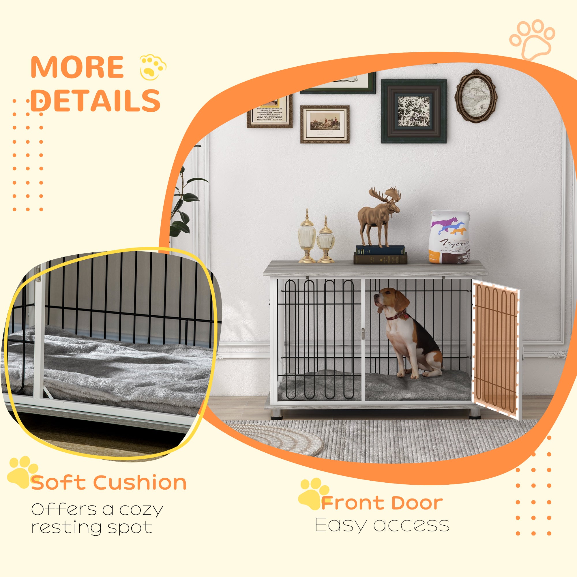 PawHut Indoor Dog Crate Furniture, Side End Table, with Soft Washable Cushion, Lockable Doors, for Large Dogs - North Peak Garden Furniture