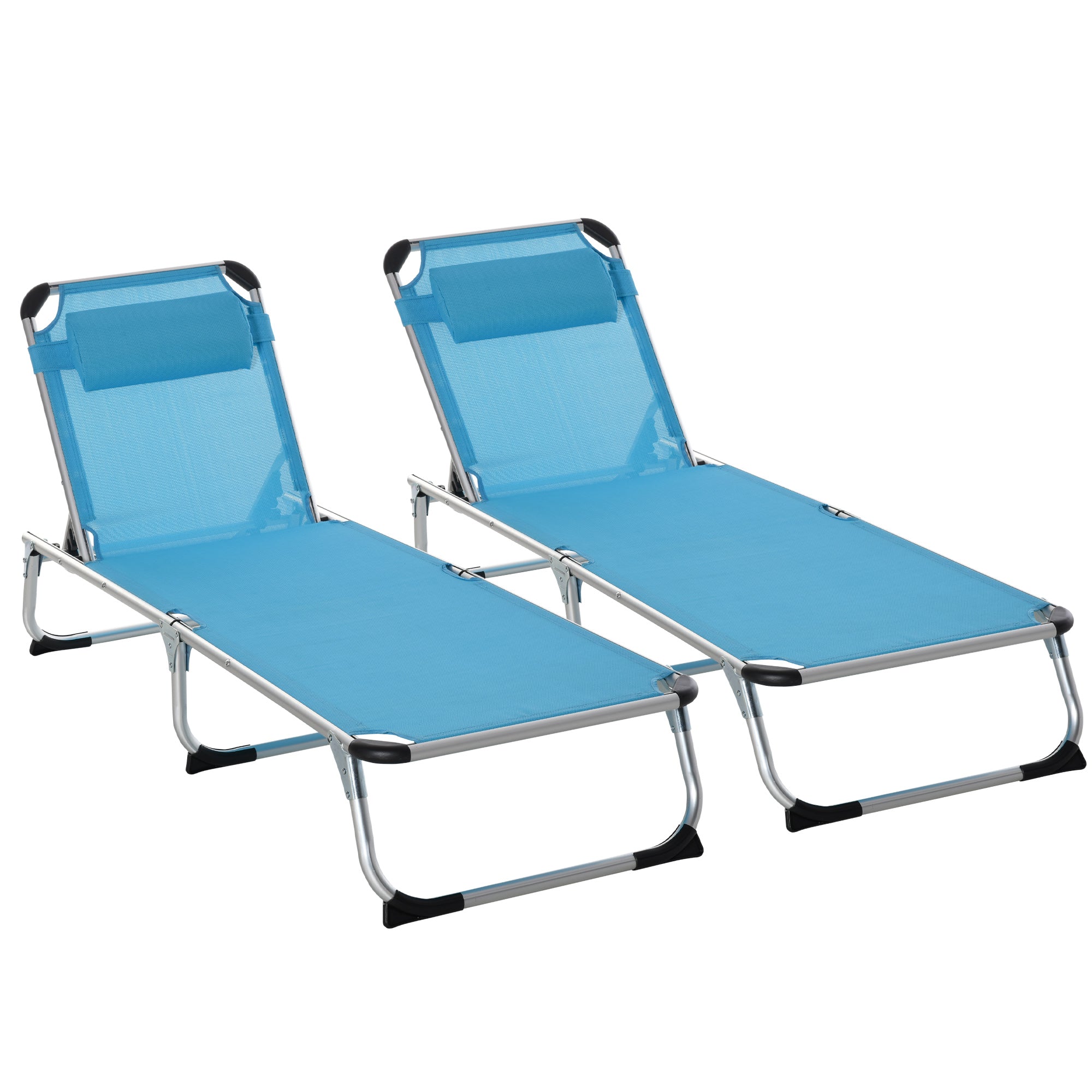 Outsunny 2 Pieces Foldable Outdoor Sun Lounger with Pillow, 5-Level Adjustable Reclining Lounge Chair, Aluminium Frame Camping Bed Cot, Blue - North Peak Garden Furniture