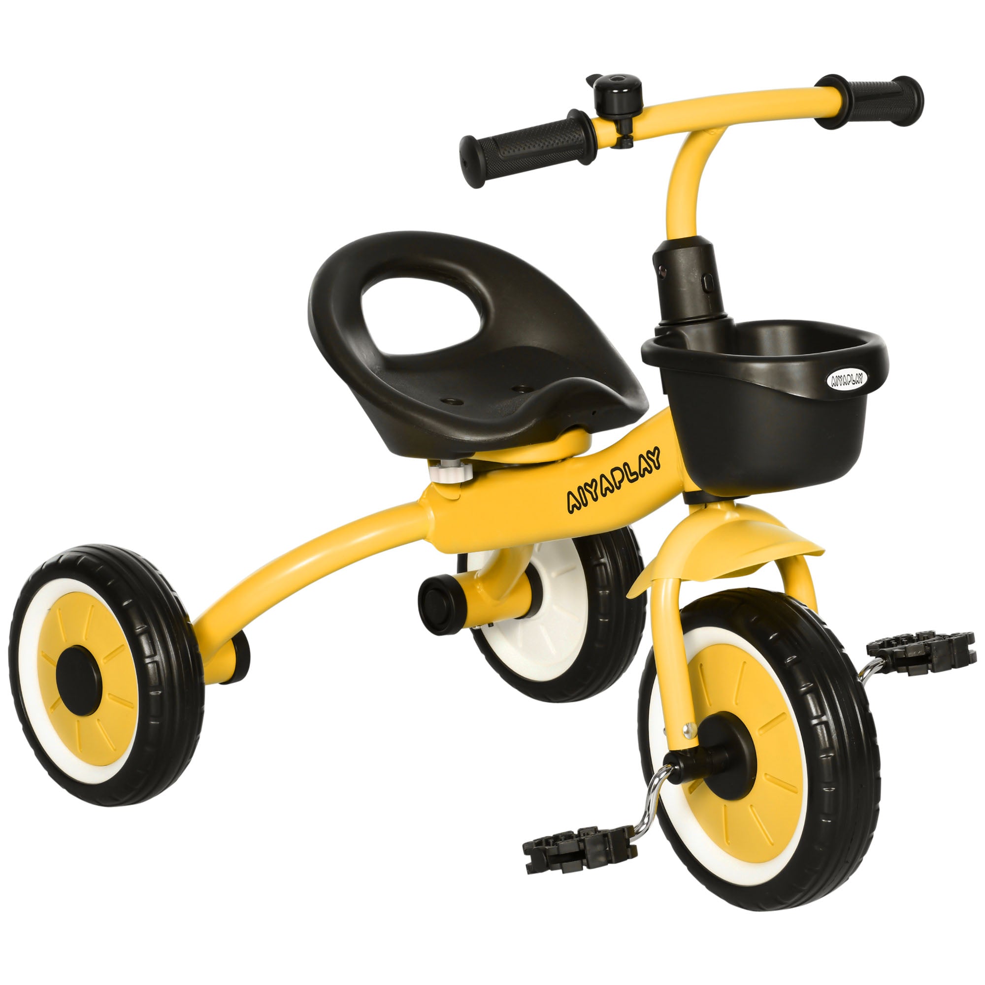 AIYAPLAY Kids Trike, Tricycle, with Adjustable Seat, Basket, Bell, for Ages 2-5 Years - Yellow - North Peak Garden Furniture