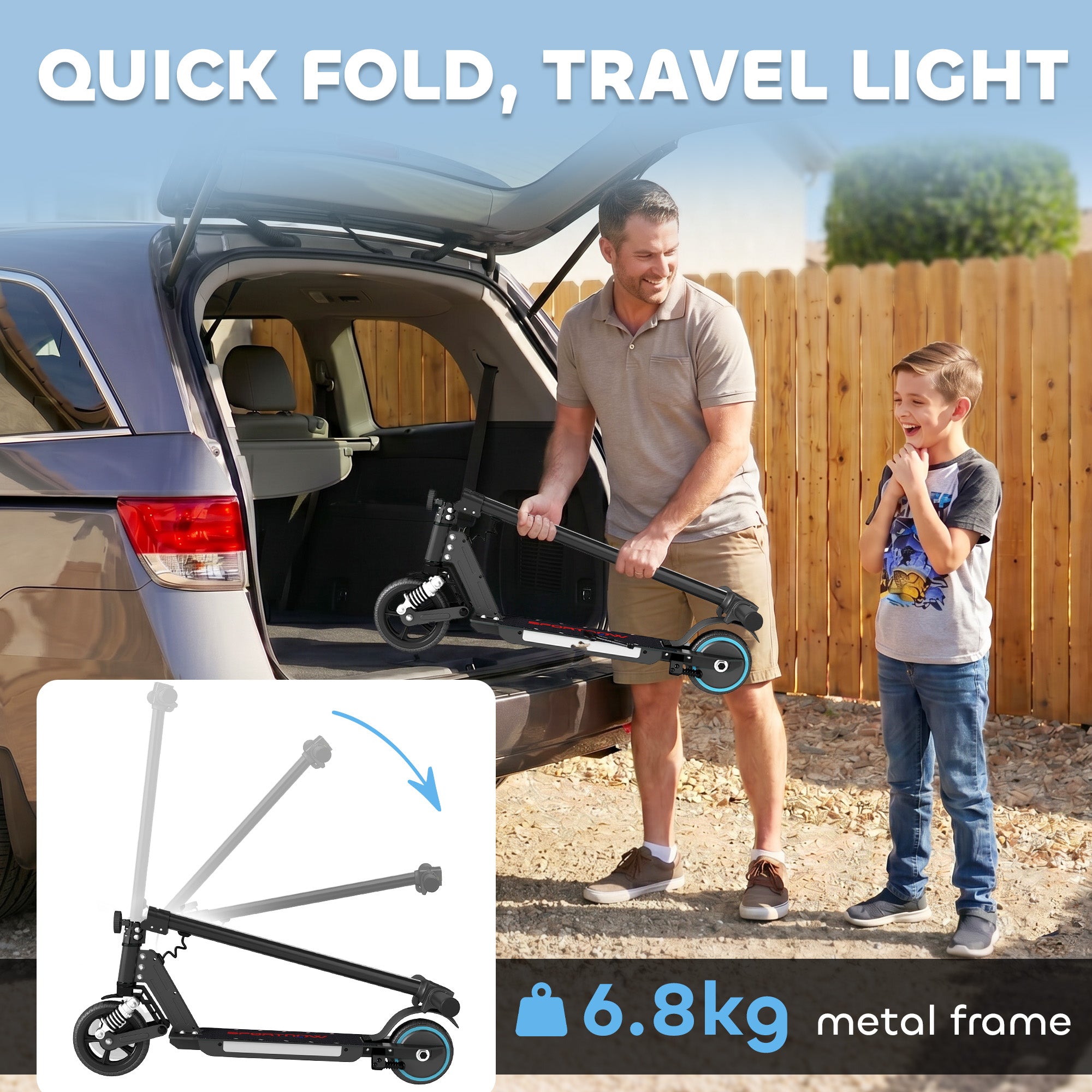 SPORTNOW Folding Electric Scooter for Kids Age 6-14 with Dual Brakes, Front Suspension, LED Colourful Lights and Display, 6.8kg Lightweight Aluminium E Scooter, Up to 14 KM/H & 6 KM, Black