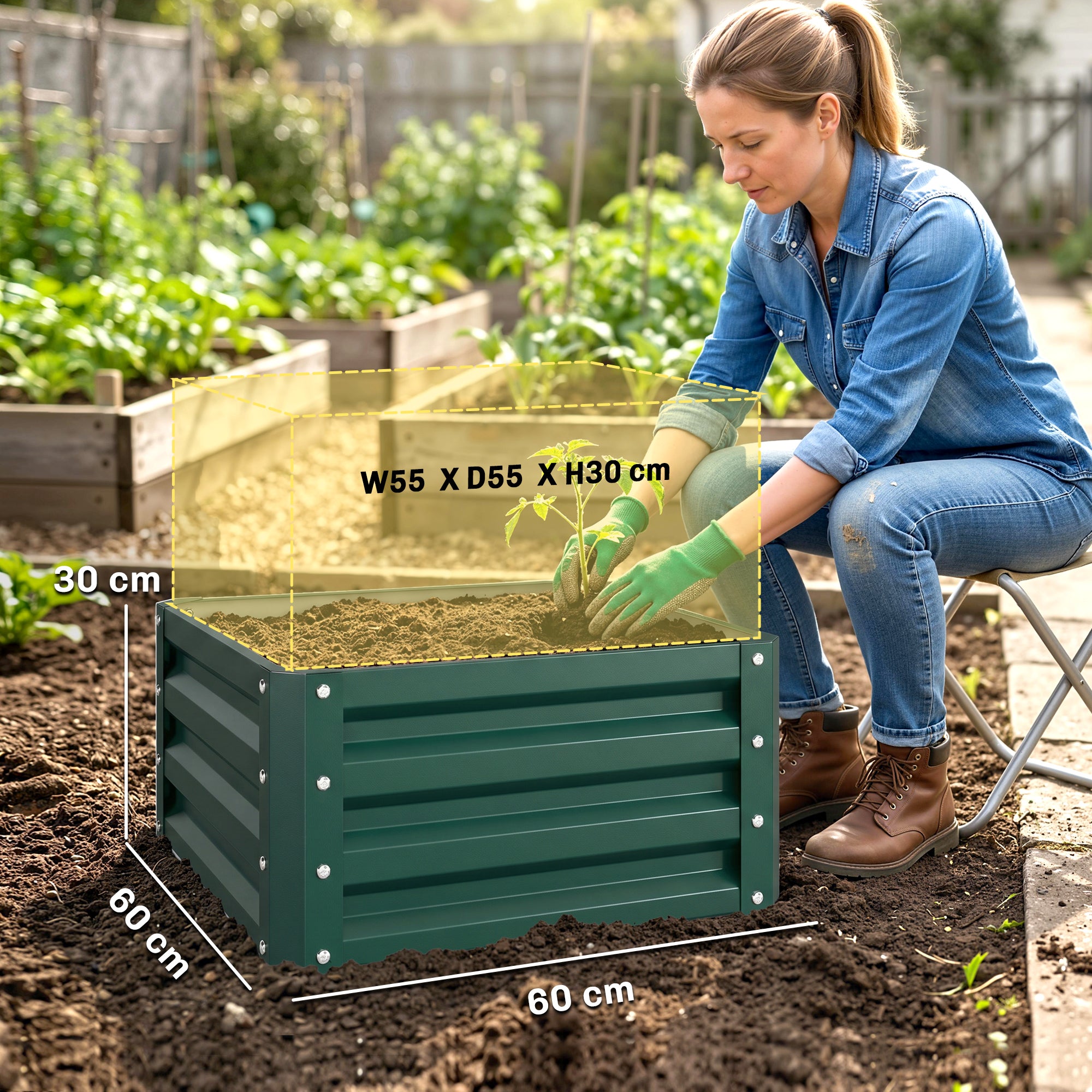 Outsunny Set of 2 Raised Garden Bed, Outdoor Elevated Galvanised Planter Box for Flowers, Herbs, 60x60x30.5cm, Green