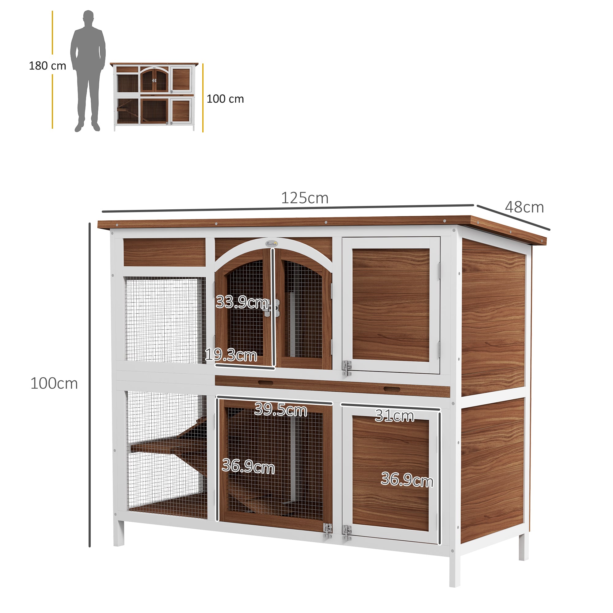 PawHut Two-Tier Wooden Pet Hutch with Openable Roof, Slide-Out Tray - North Peak Garden Furniture
