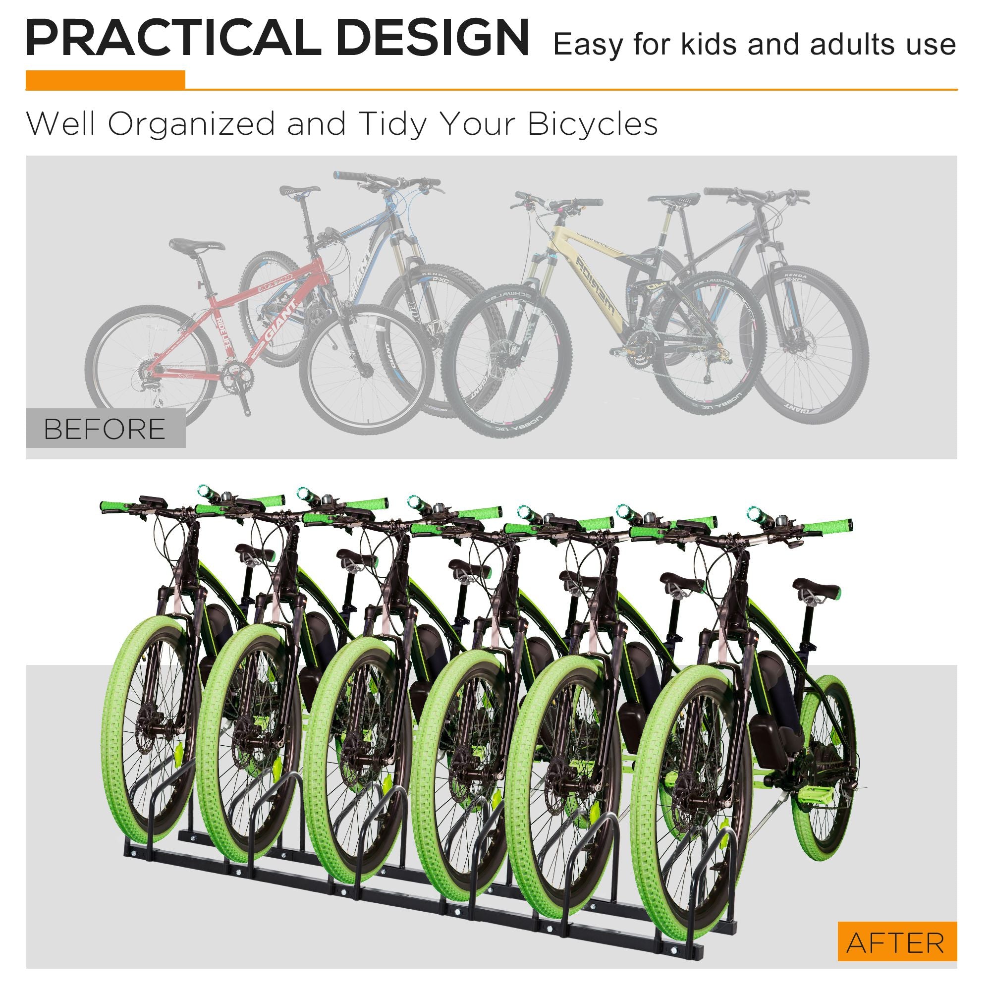 HOMCOM Bike Stand Parking Rack Floor or Wall Mount Bicycle Cycle Storage Locking Stand 179L x 33W x 27H (6 Racks, Black) - North Peak Garden Furniture