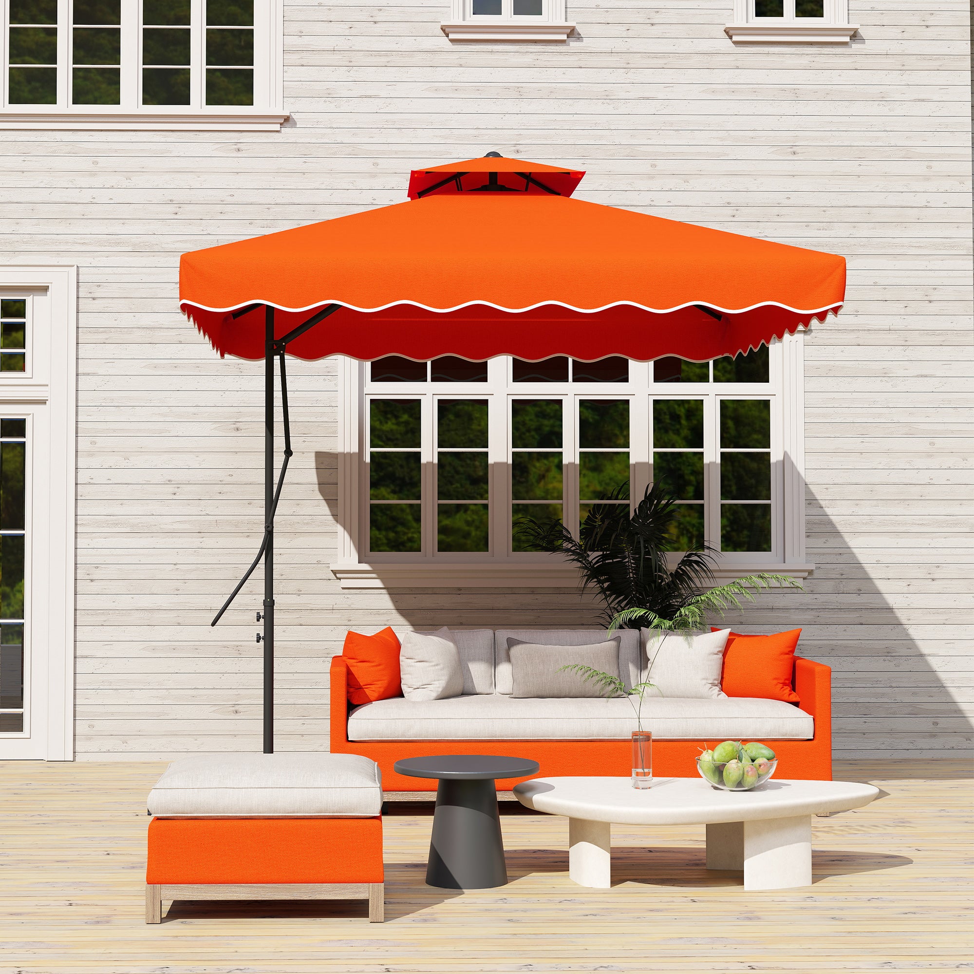 Outsunny 2.5m Cantilever Parasol with Easy Lever, Square Double Top Garden Parasol Umbrella with Ruffles and Cross Base, Overhanging Outdoor Sun Shades, Orange - North Peak Garden Furniture