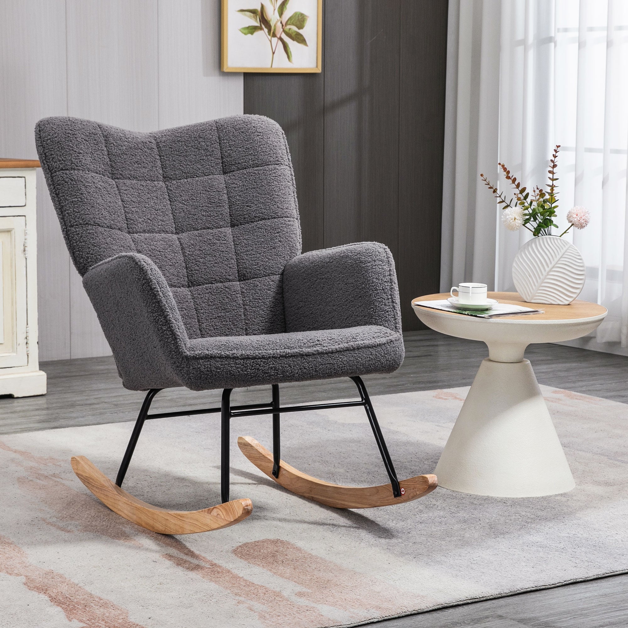 HOMCOM Berber Fleece Nursery Glider Rocker for Nursing, Wingback Rocking Chair for Living Room, Dark Grey - North Peak Garden Furniture