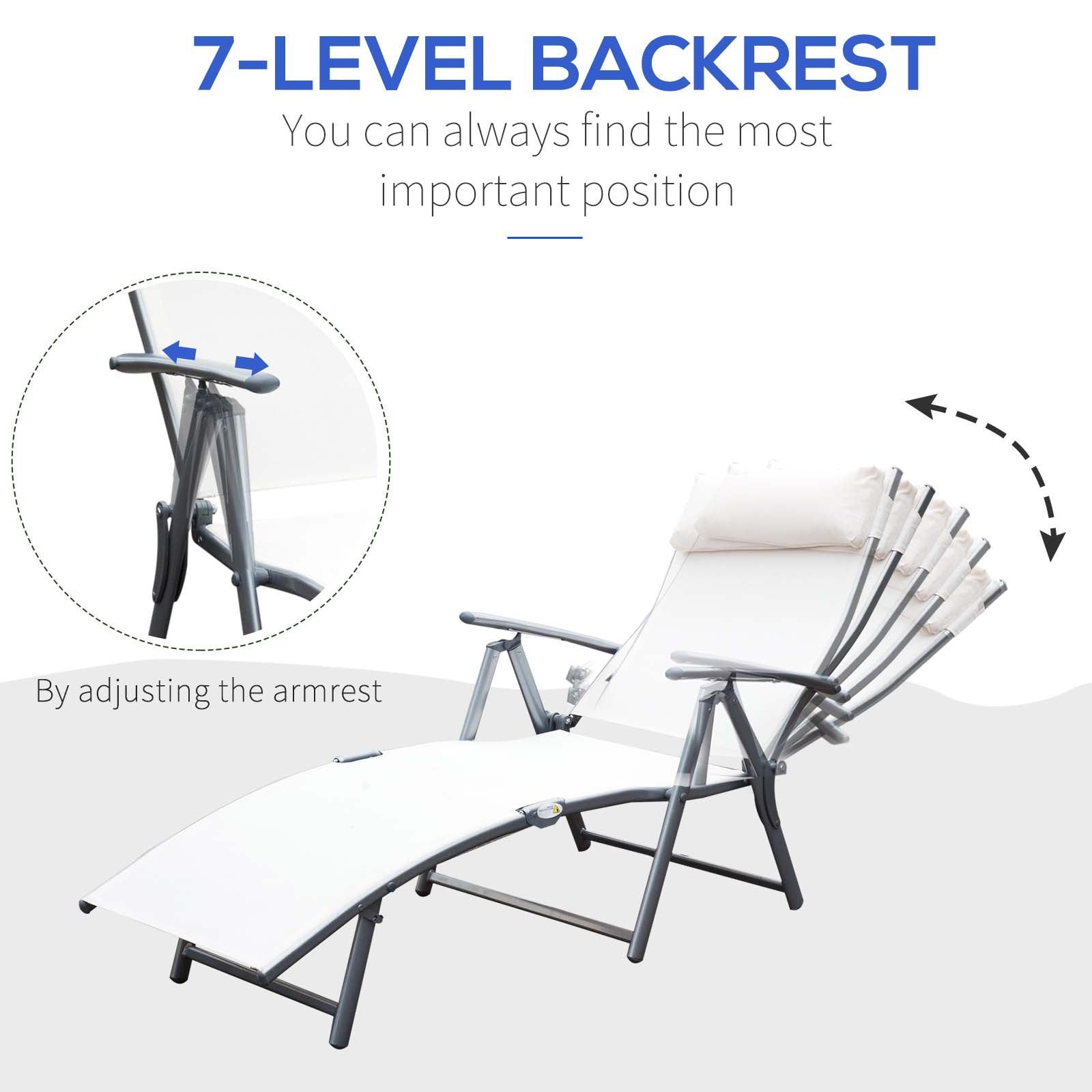 Outsunny Sun Lounger Steel Frame Outdoor Folding Chaise Texteline Lounge Chair Recliner with Headrest & 7 Levels Adjustable Backrest, Cream White - North Peak Garden Furniture
