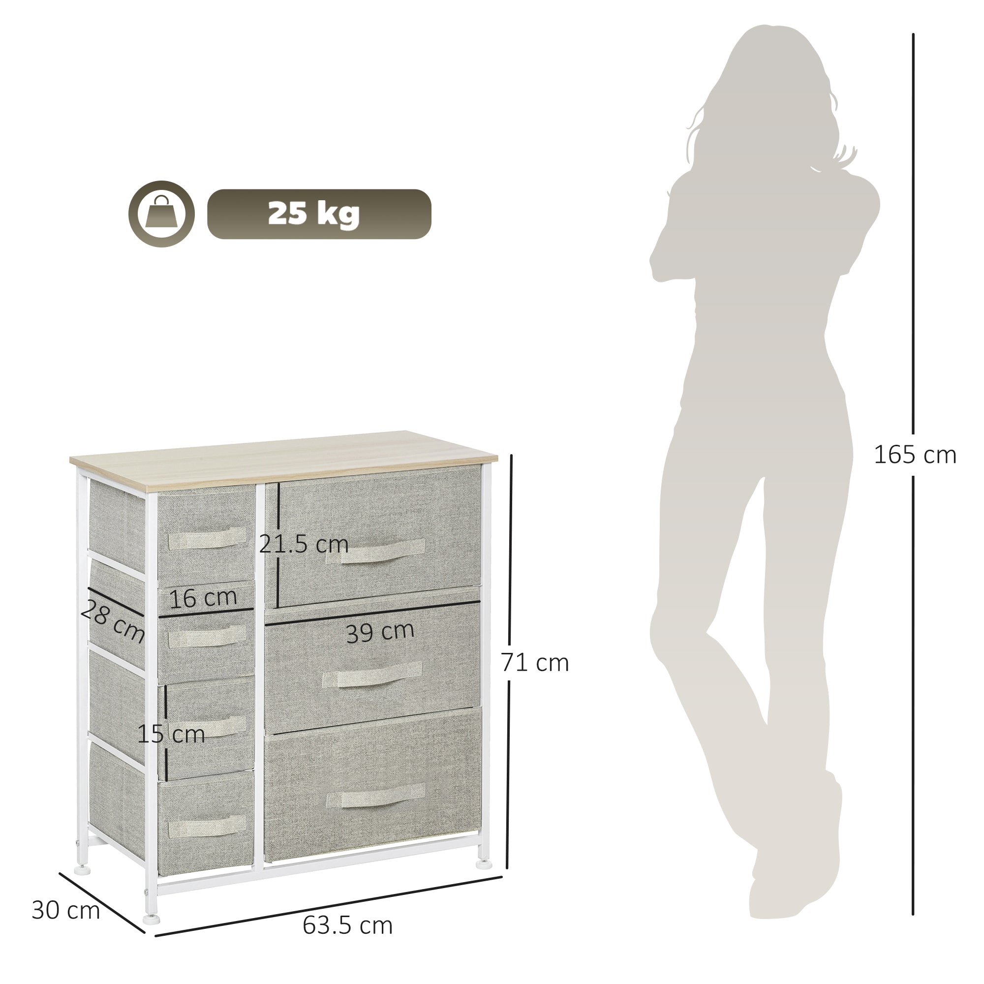 HOMCOM Vertical 7 Linen Drawers Cabinet Organizer Storage Dresser Tower with Metal Frame Adjustable Feet for Living Room, Bathroom, Kitchen, White, Oak and Light Grey