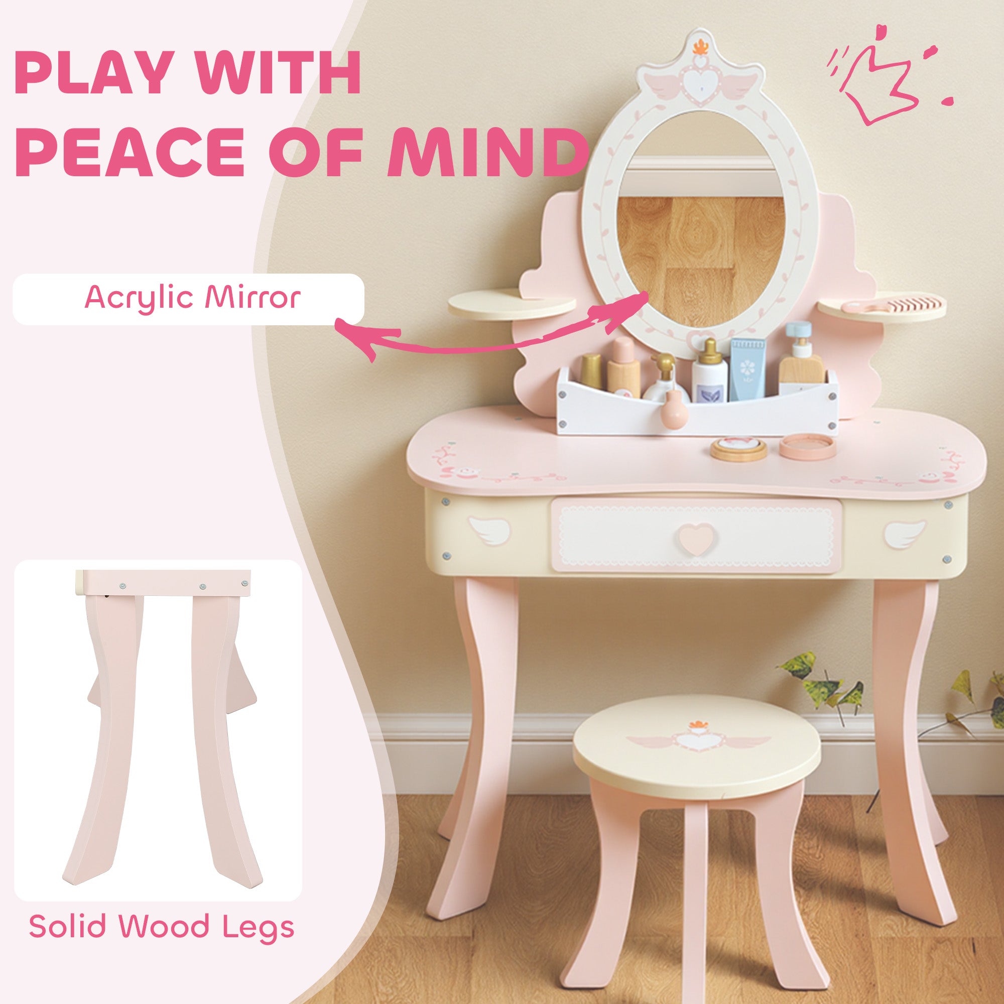 AIYAPLAY Kids Dressing Table, Girls Vanity Set with Mirror and Stool, 7 Play Accessories, Drawer, Desktop Storage, Pink