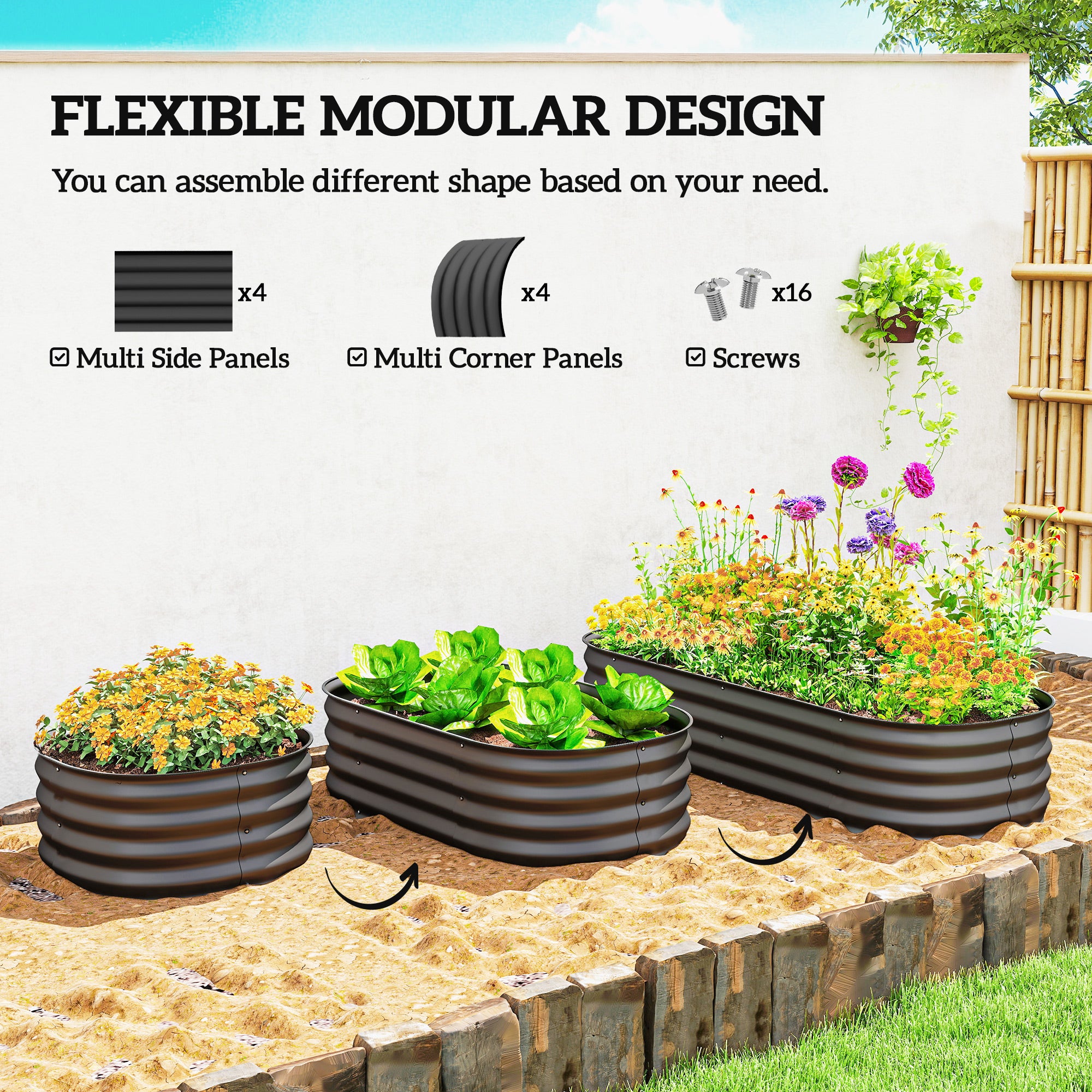 Outsunny Galvanised Raised Garden Bed, Metal Planter Box with Safety Edging, for Flowers, Herbs, Succulents, Dark Grey
