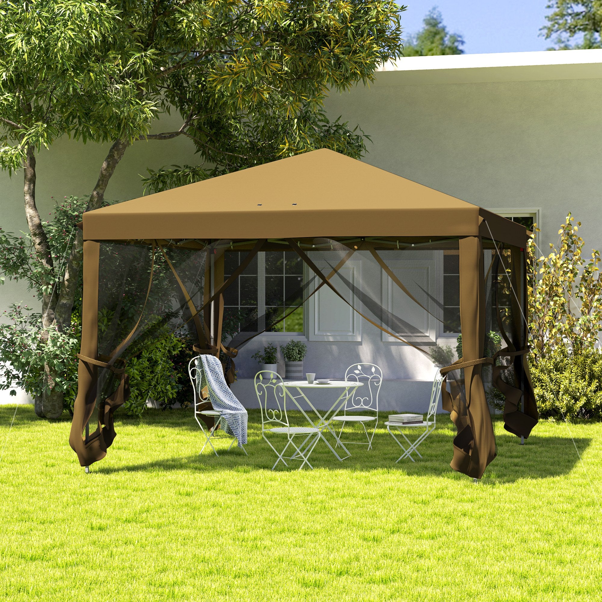 Outsunny 3 x 3 m Pop Up Gazebo, 420D Garden Tent Canopy with Removable Mesh Sidewall Netting, Carry Bag for Garden Patio Outdoor, Khaki - North Peak Garden Furniture