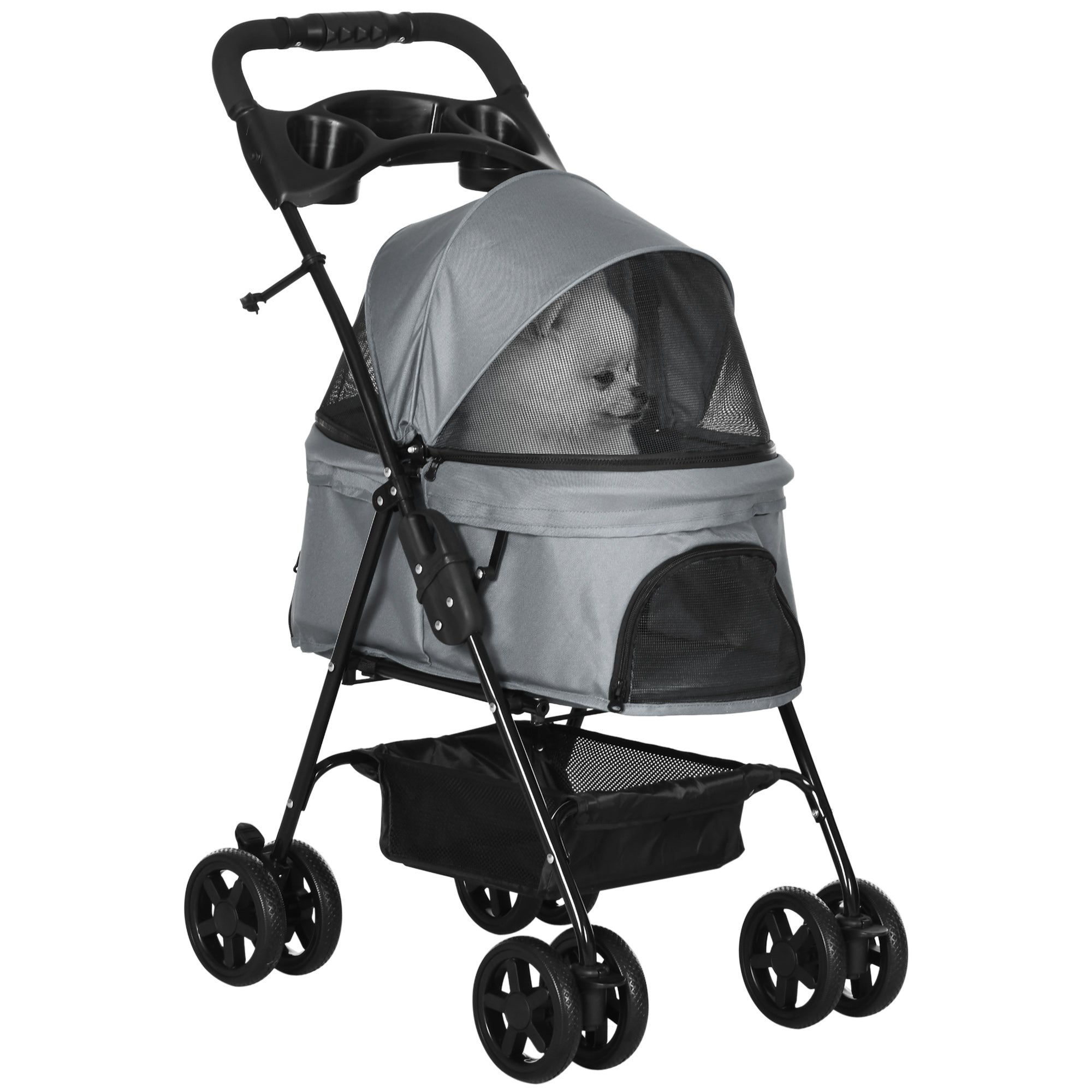 PawHut Dog Pram Dog Stroller Foldable Pet Pushchair with 4 Wheels, Safety Leashes, Cup Holder for Small Dogs, Grey - North Peak Garden Furniture