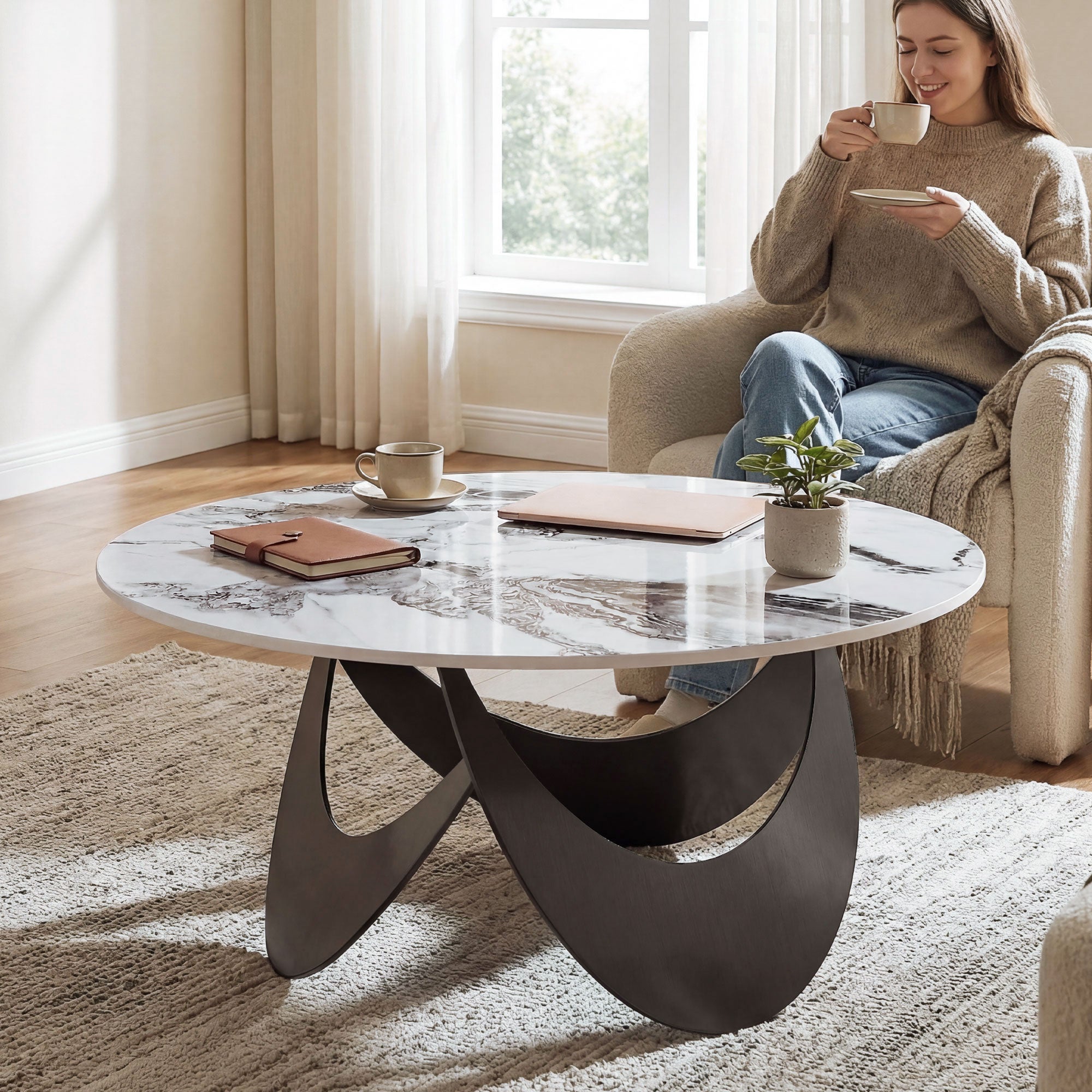 HOMCOM Coffee Table Sintered Stone Top Adjustable Foot Pads Modern Centre Table for Living Room White and Black
