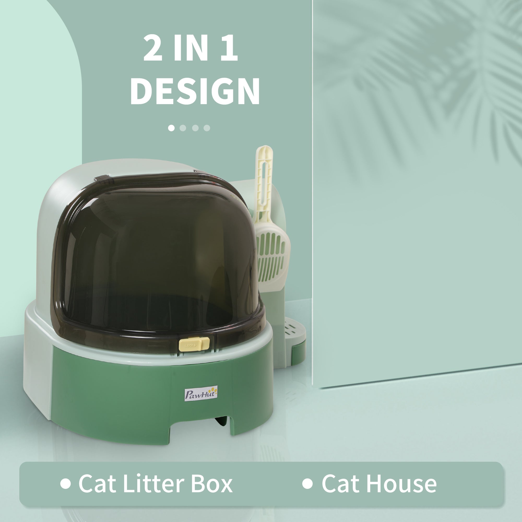 PawHut 2 in 1 Cat Litter Box, with Drawer Pans, Scoop, Openable Cover - Green