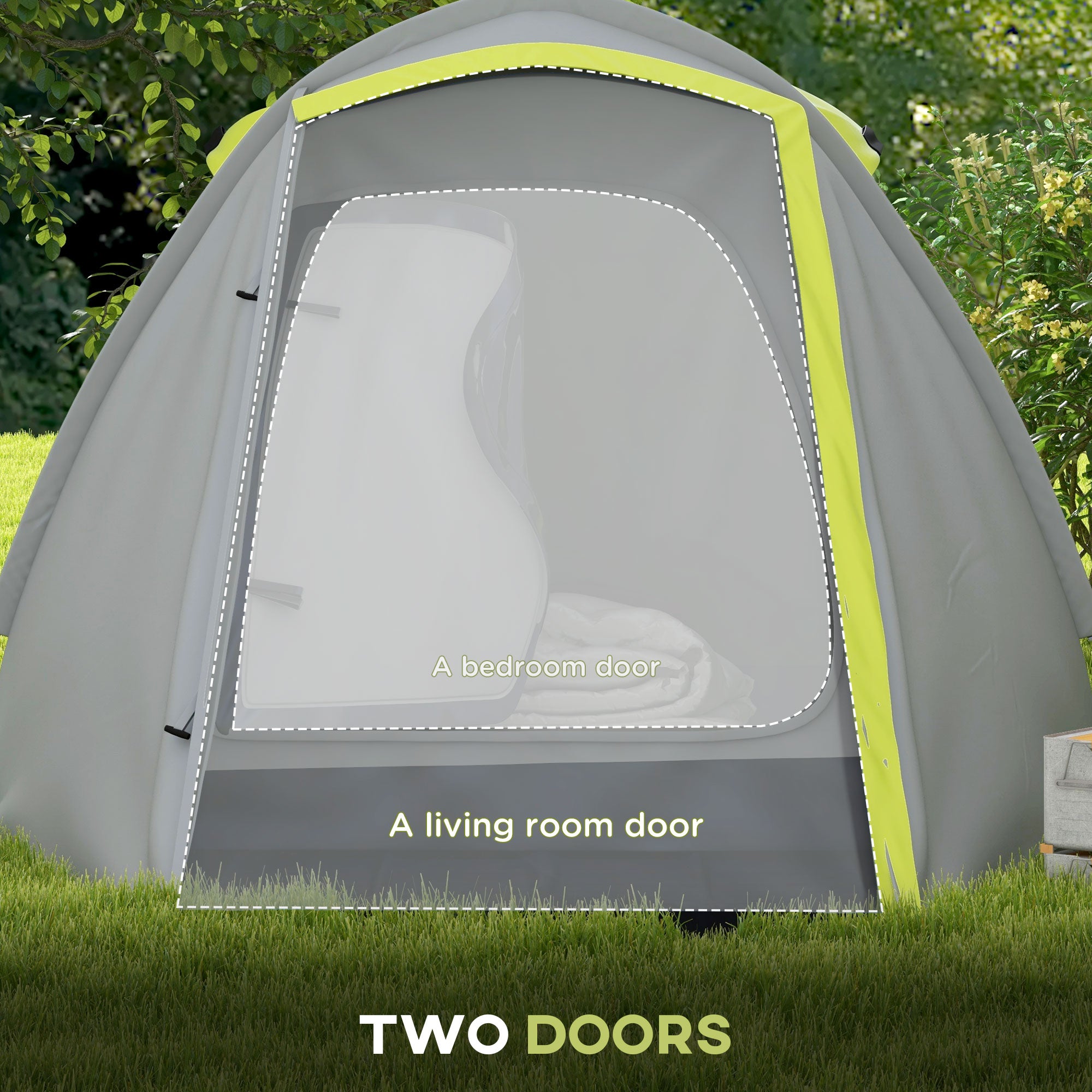 Outsunny Two-Man Dome Tent, with Front Porch and Accessories - Yellow/Grey - North Peak Garden Furniture