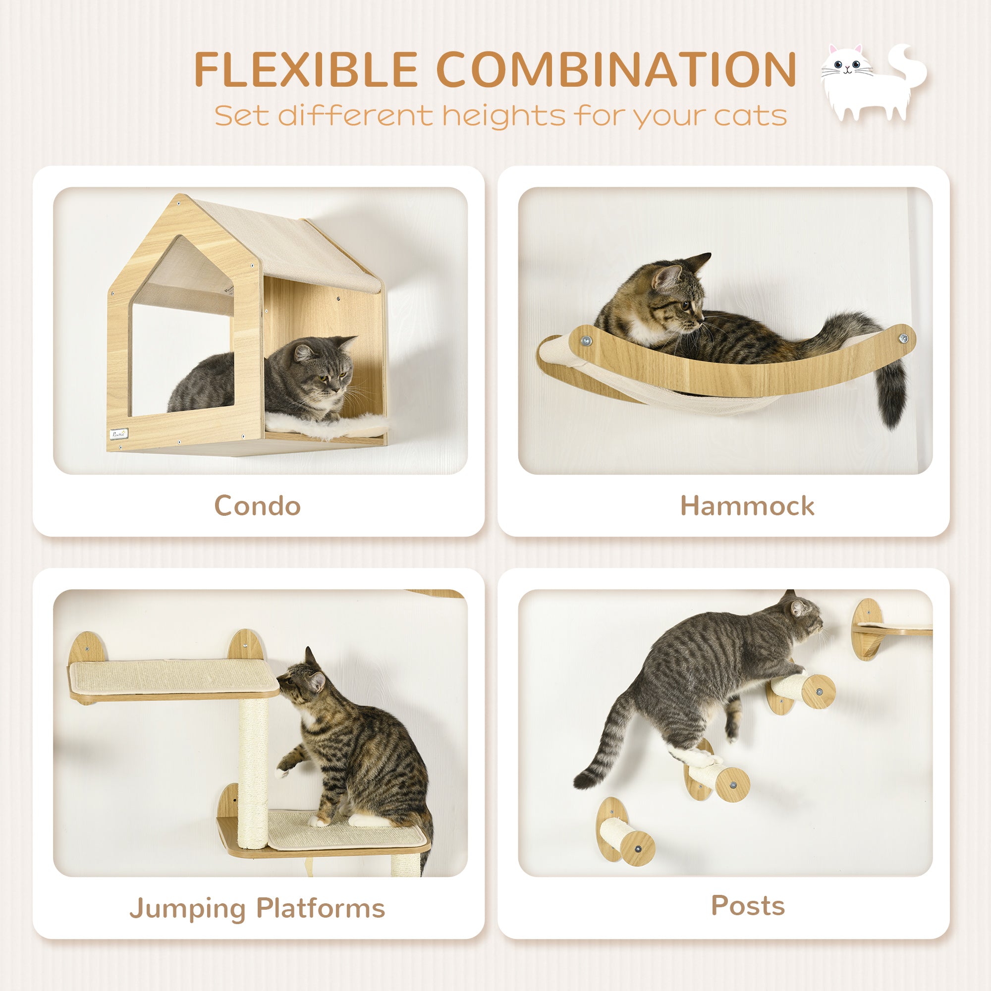 PawHut 8 Piece Cat Shelves Set, with Cat House, Three Perches, Three Scratching Posts - North Peak Garden Furniture
