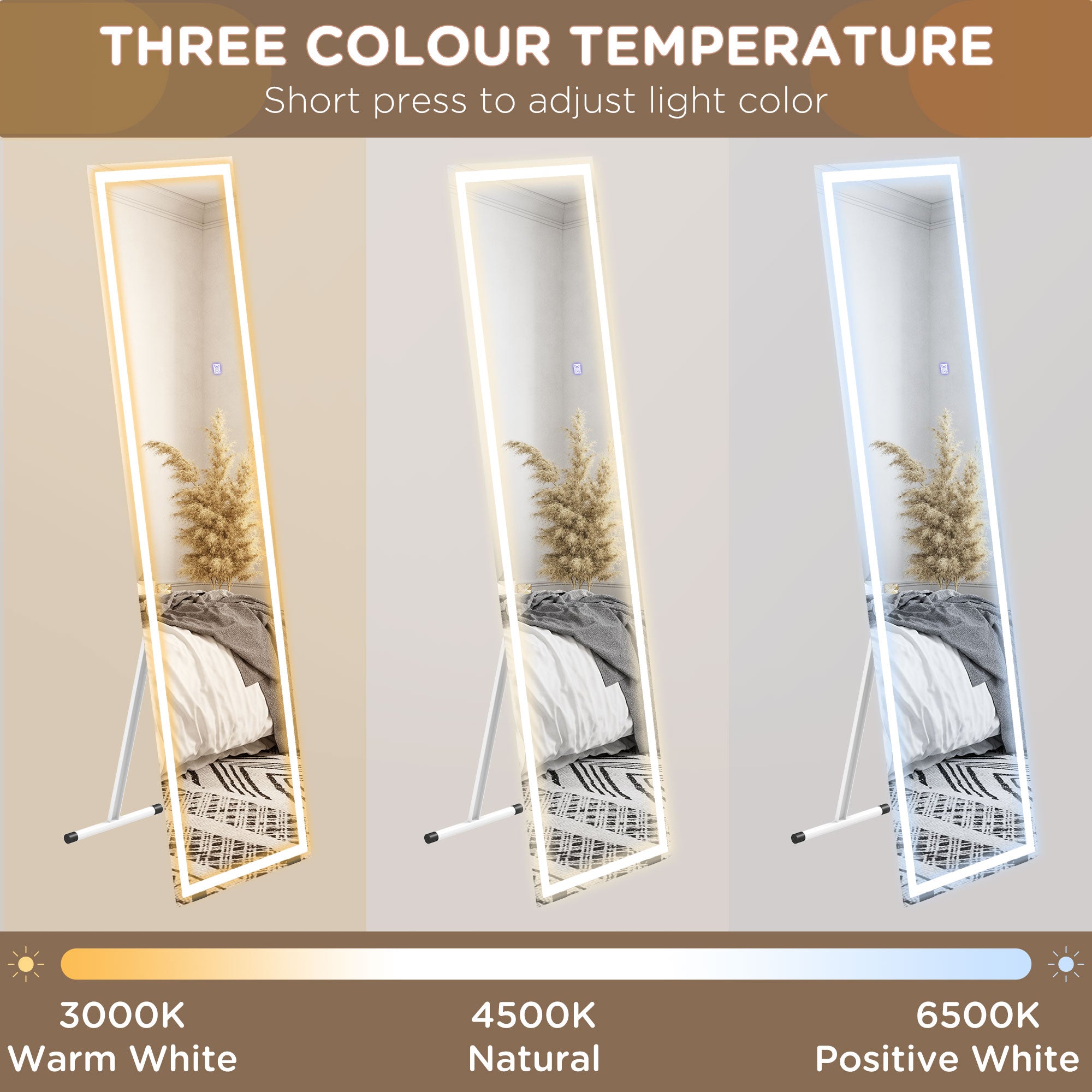 HOMCOM Standing Dressing Mirror with LED Lights, Wall Dressing Mirror for Bedroom with Dimmable and 3 Colour Lighting, White - North Peak Garden Furniture