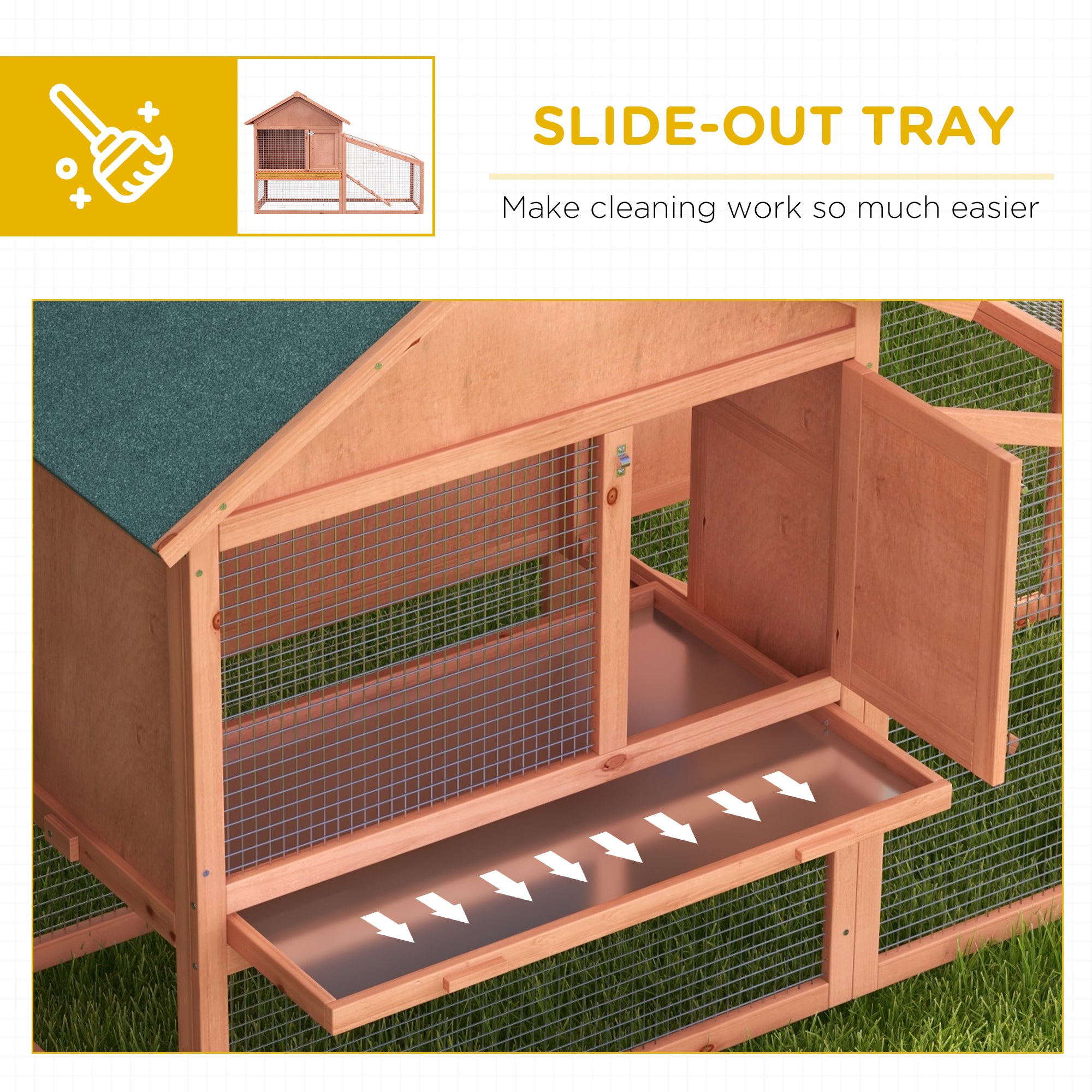 PawHut 2 Tier Rabbit Hutch Outdoor, Guinea Pig Hutch, Solid Wood Bunny House, Water Resistant Asphalt Roof Ramp Sliding tray 144 x 64.5 x 100 cm - North Peak Garden Furniture