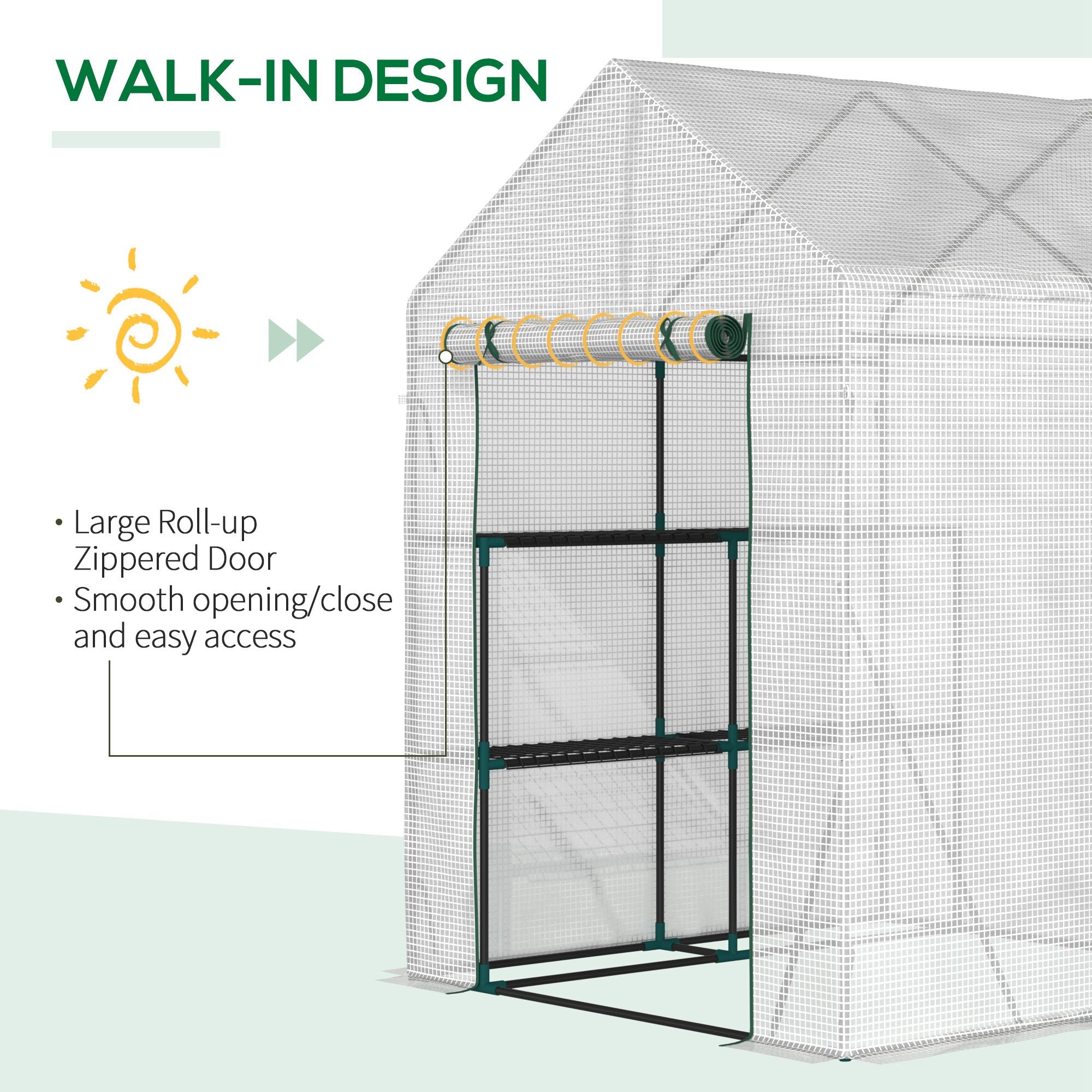 Outsunny Greenhouse for Outdoor, Portable Gardening Plant Grow House with 2 Tier Shelf, Roll-Up Zippered Door, PE Cover, 143 x 143 x 195cm, Green