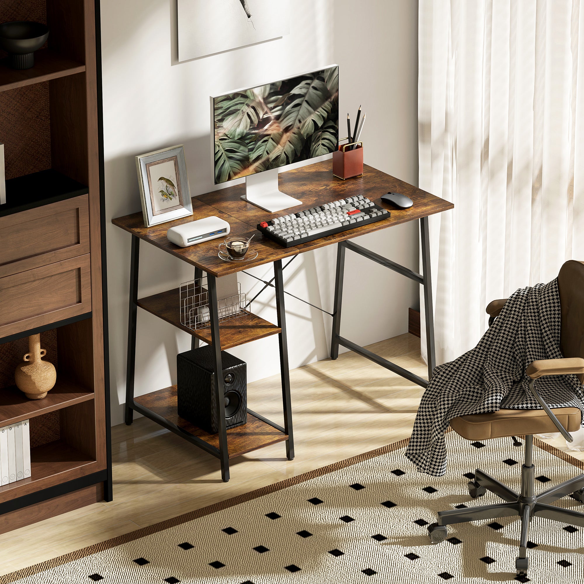 HOMCOM 100cm Computer Desk with Storage, Industrial Home Office Desk with 2 Tier Shelves and Steel Frame, Computer Table for Study Room, Rustic Brown - North Peak Garden Furniture
