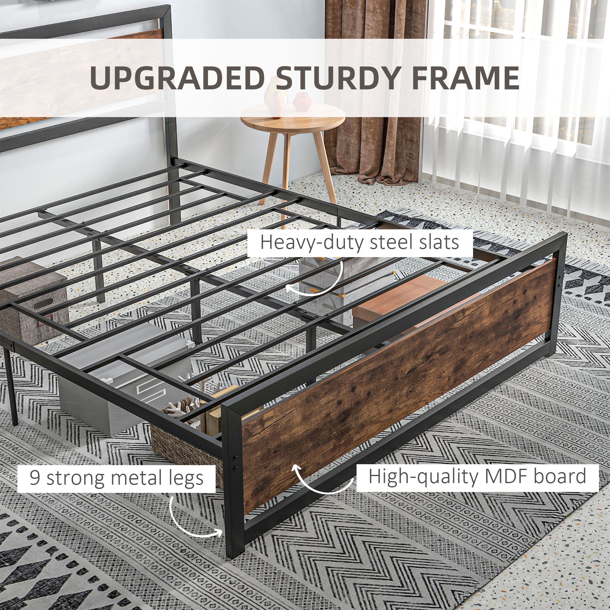 HOMCOM King Size Metal Bed Frame with Headboard & Footboard, Strong Slat Support Full Bed Frame w/ Underbed Storage Space, Bedroom Furniture For Adults - North Peak Garden Furniture