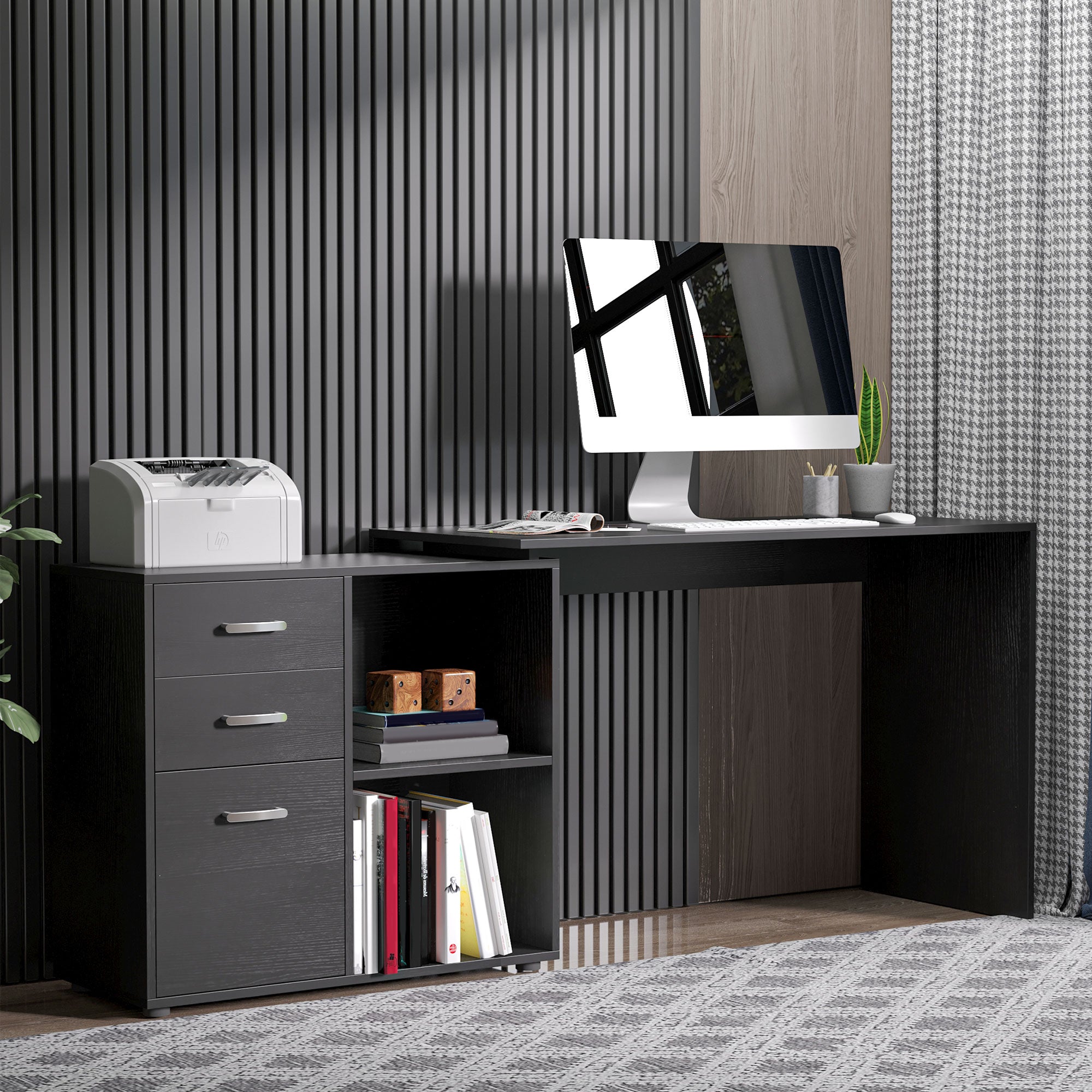 HOMCOM L-Shaped Computer Desk, 2 Shaped Corner Desk with Drawers, File Cabinet and Storage Shelves, Home Office Desk, 117 x 83.5 x 76cm, Black - North Peak Garden Furniture