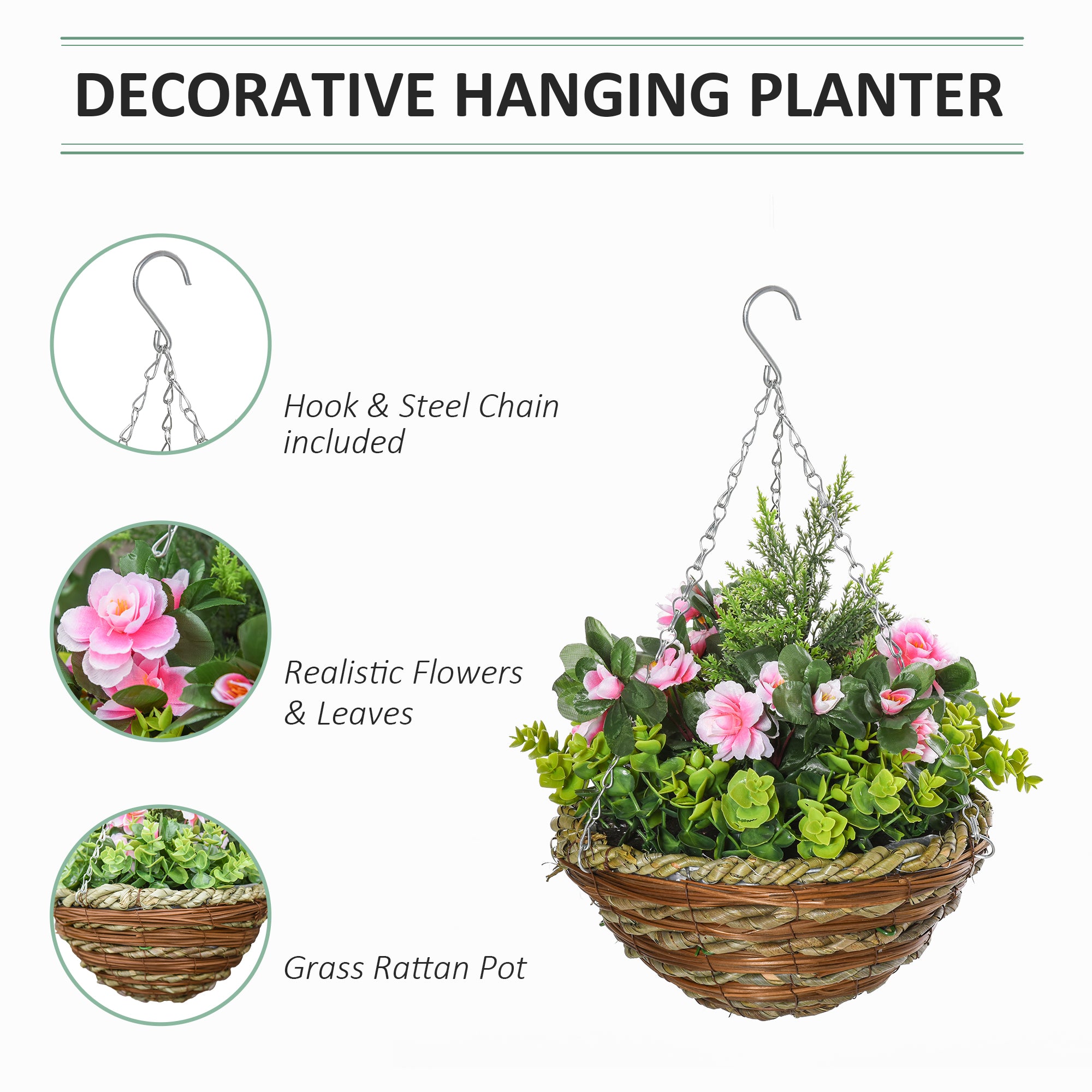 Outsunny Pack of 2 Faux Plant Artificial Lisianthus Flowers Hanging Planter with Basket for Indoor Outdoor Decoration, Pink - North Peak Garden Furniture