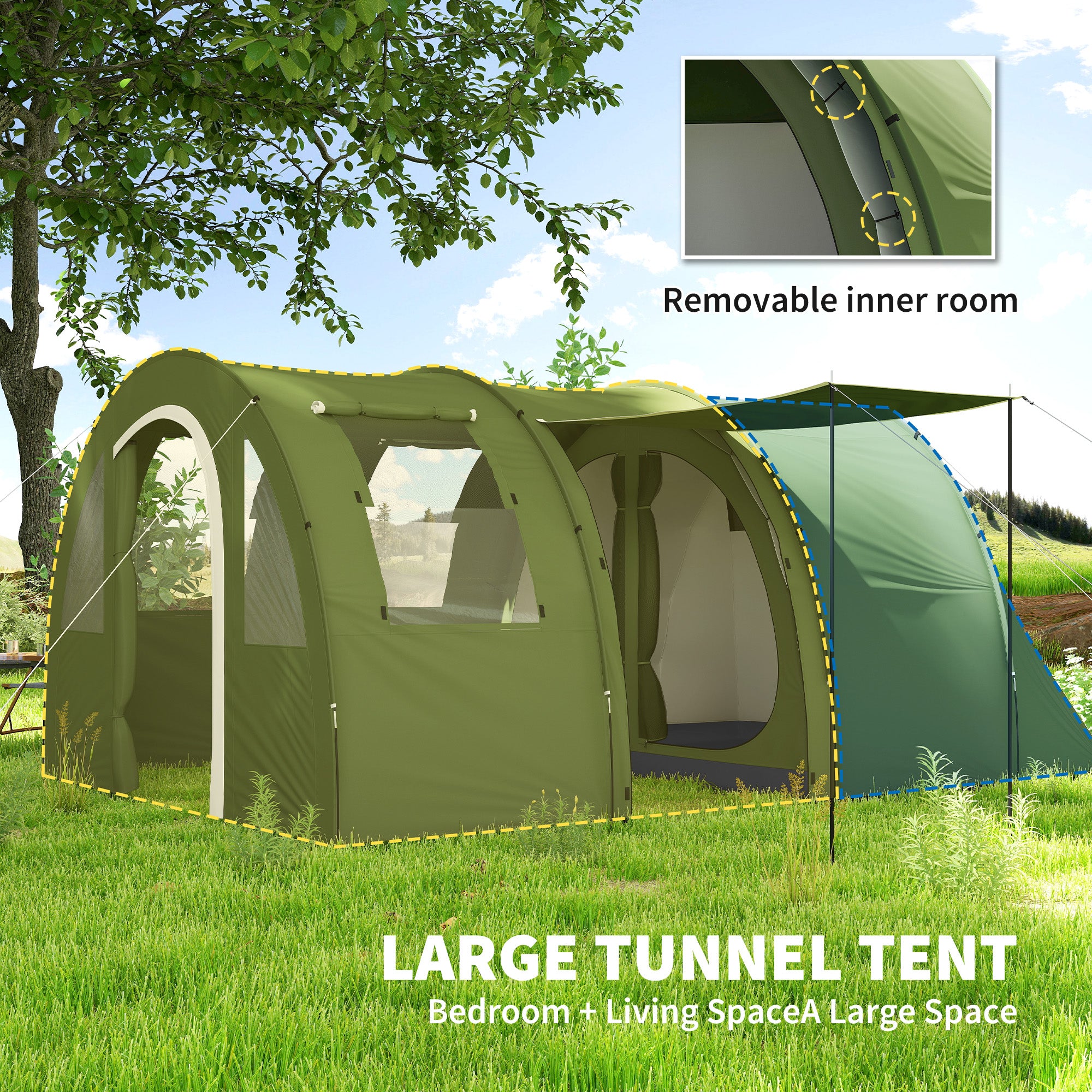 Outsunny 5-6 Man Camping Tent with 2 Room, Floor and Carry Bag - Green - North Peak Garden Furniture