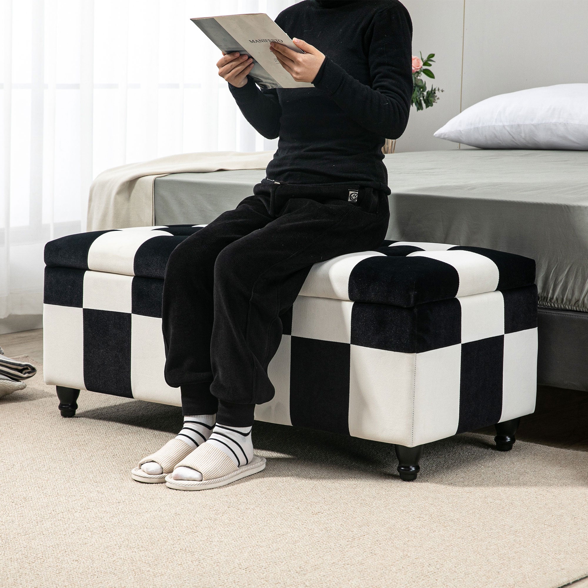 HOMCOM 114 x 47 x 47cm Velvet Storage Ottoman, Button-tufted Footstool Box, Toy Chest with Lid for Living Room, Bedroom, White and Black - North Peak Garden Furniture