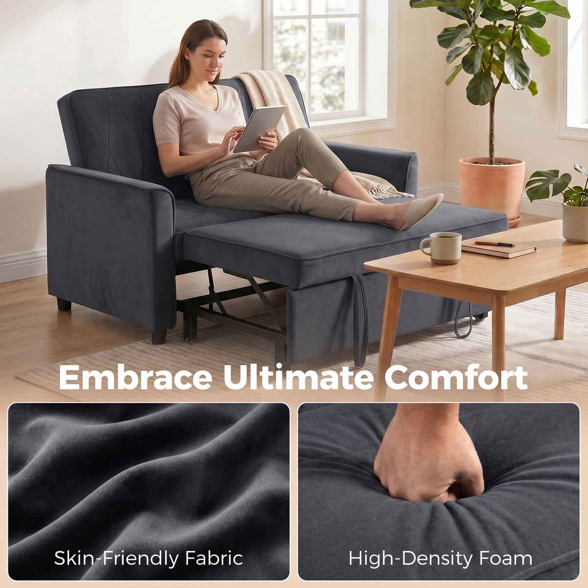 HOMCOM 2 Seater Sofa Bed, 3-in-1 Convertible Pull Out Sleeper Sofa with Click-Clack Adjustable Backrest, Dark Grey