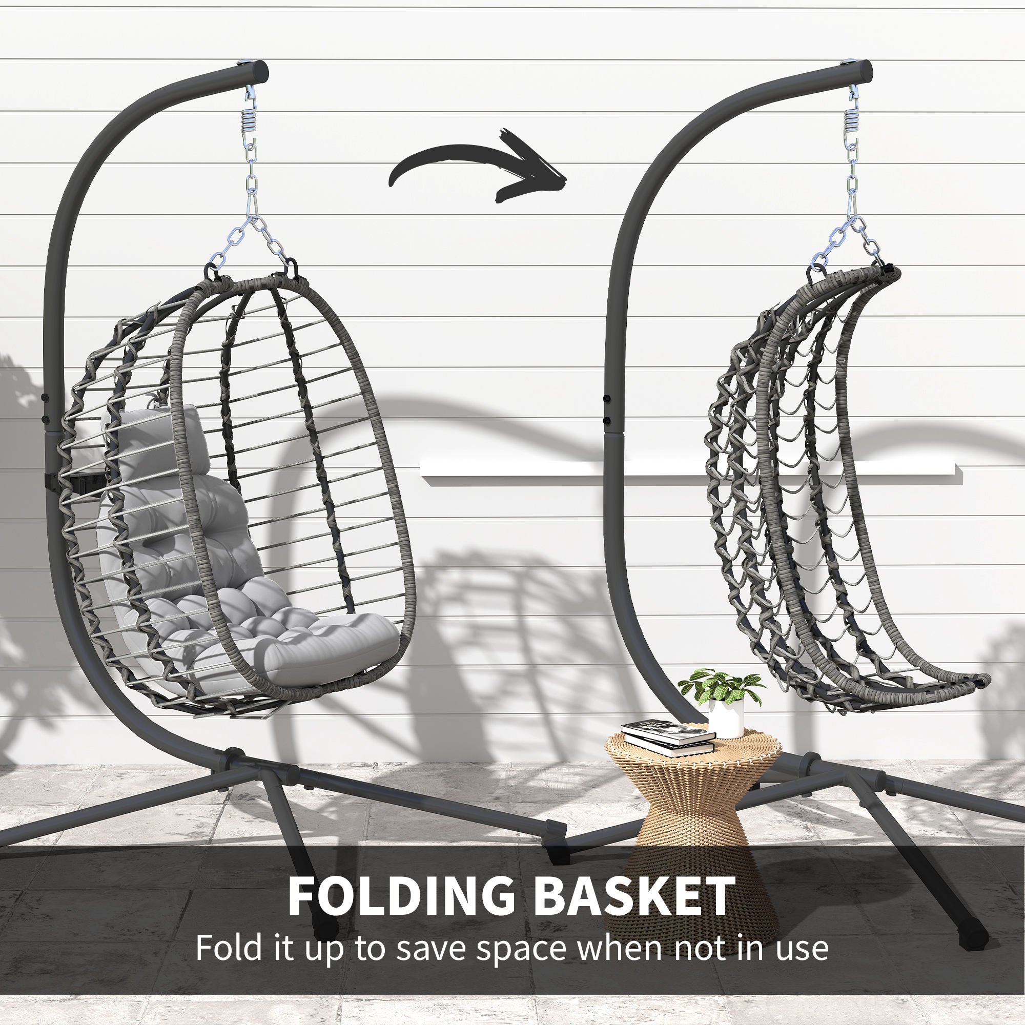 Outsunny Rattan Hanging Egg Chair, Foldable Wicker Hammock Swing Chair with Cushion, Stand, Adjustable Height, Head Pillow, Steel Frame for Garden Patio Indoor Outdoor, Light Grey - North Peak Garden Furniture