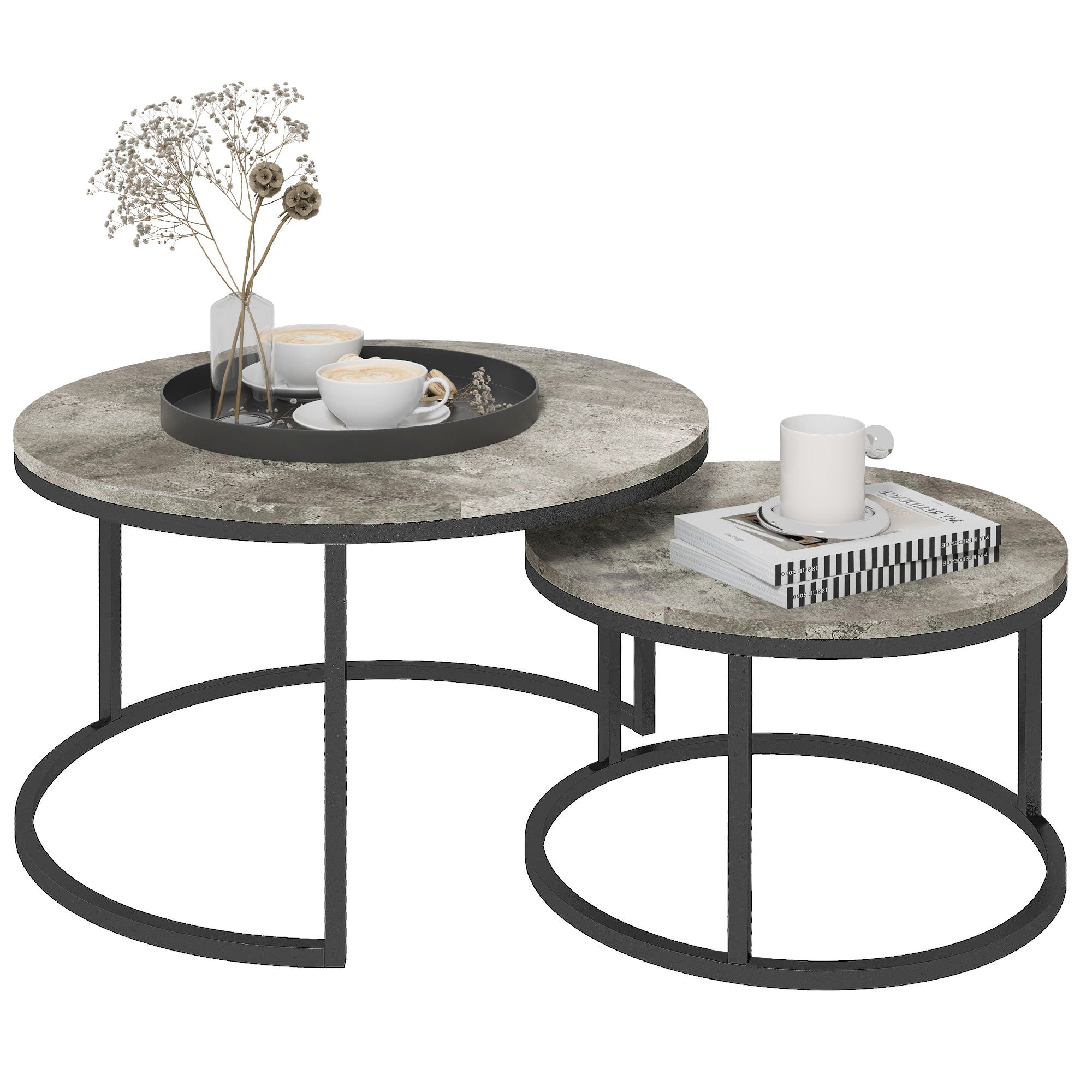 HOMCOM Set of Two Marble-Effect Stacking Tables - Grey/Black